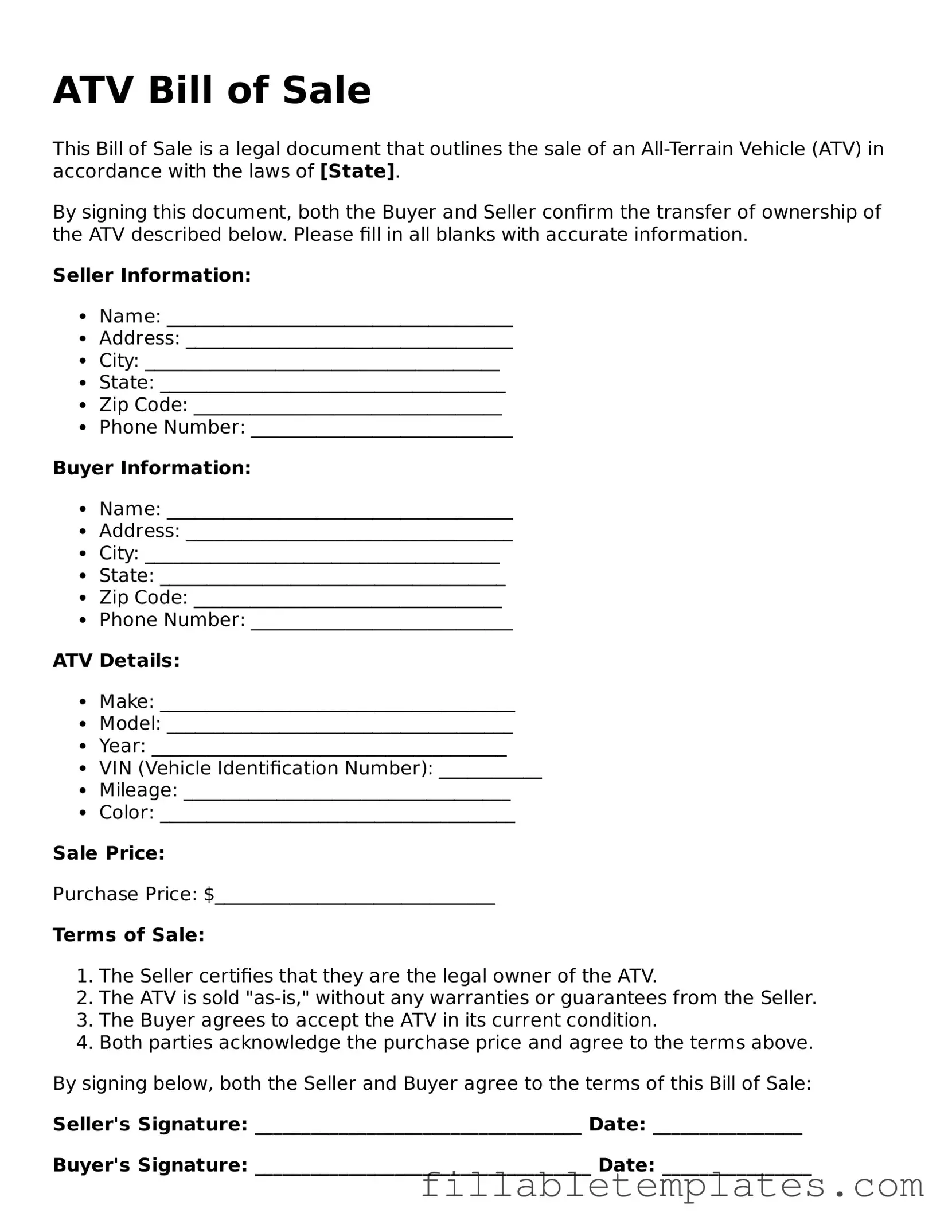 Printable ATV Bill of Sale Form