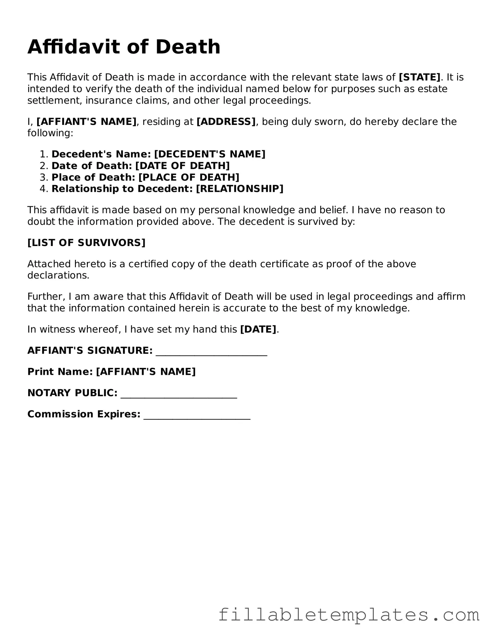 Printable Affidavit of Death Form