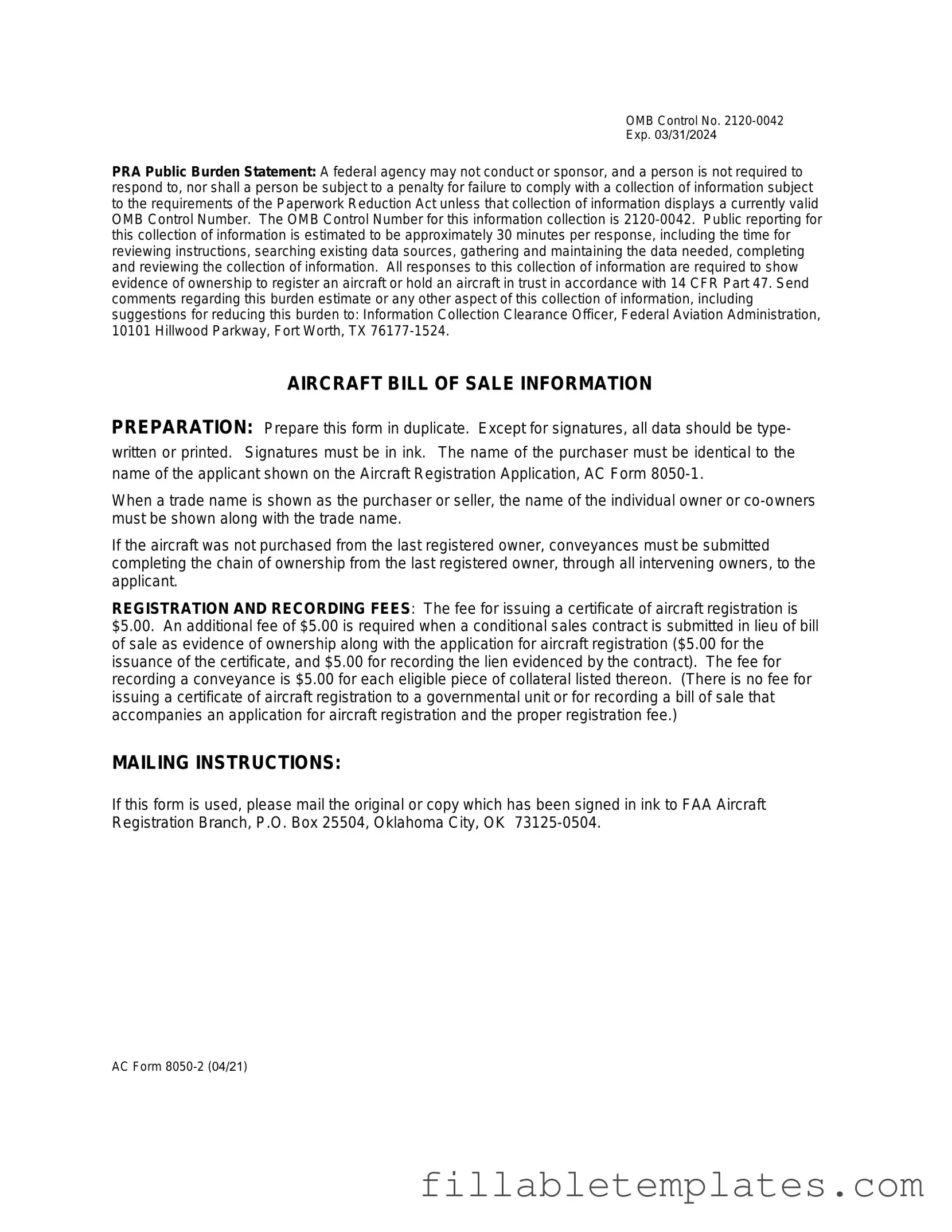 Official Aircraft Bill of Sale AC 8050-2 Template in PDF