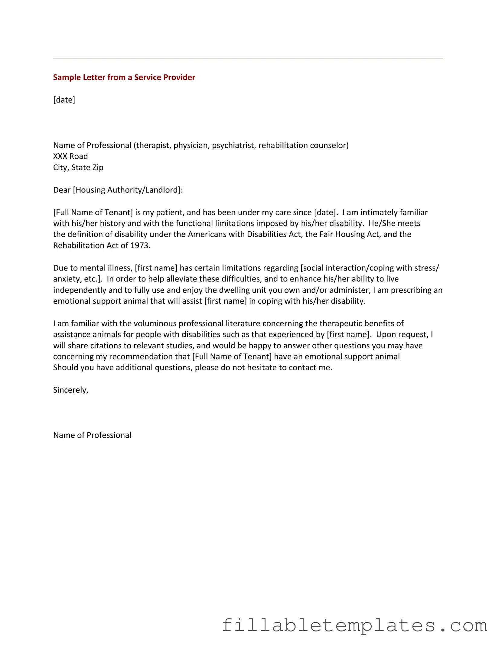 Official Emotional Support Animal Letter Template in PDF
