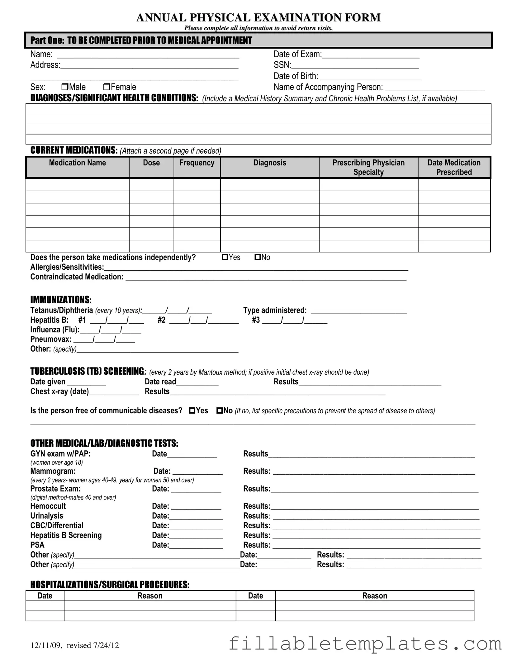 Official Annual Physical Examination Template in PDF