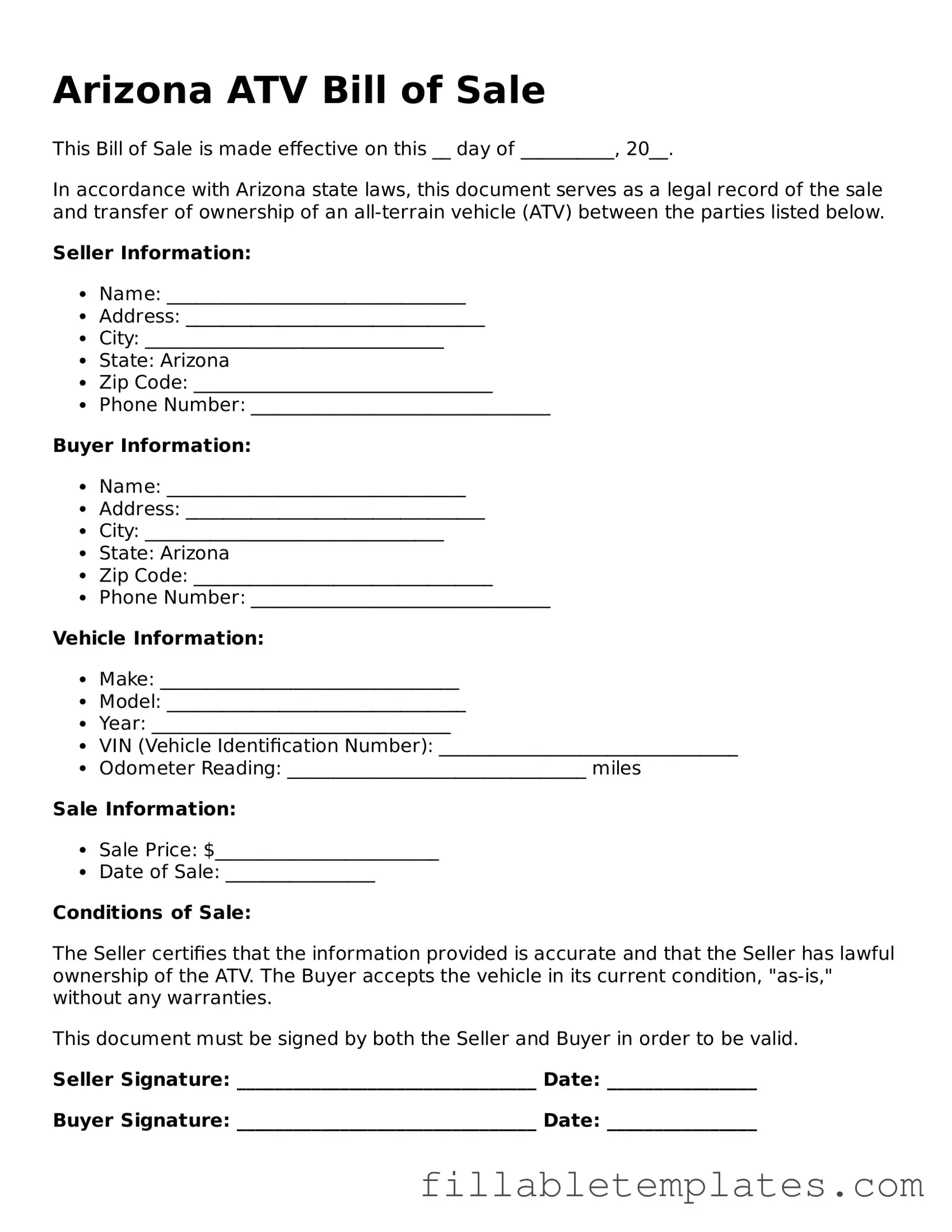 Printable ATV Bill of Sale Form for the State of Arizona