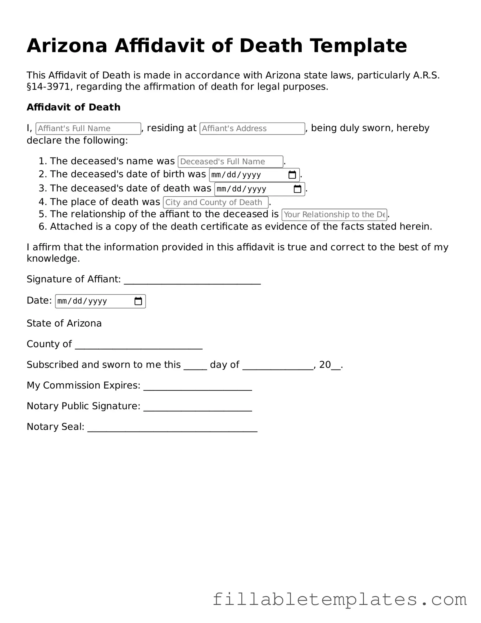 Printable Affidavit of Death Form for the State of Arizona
