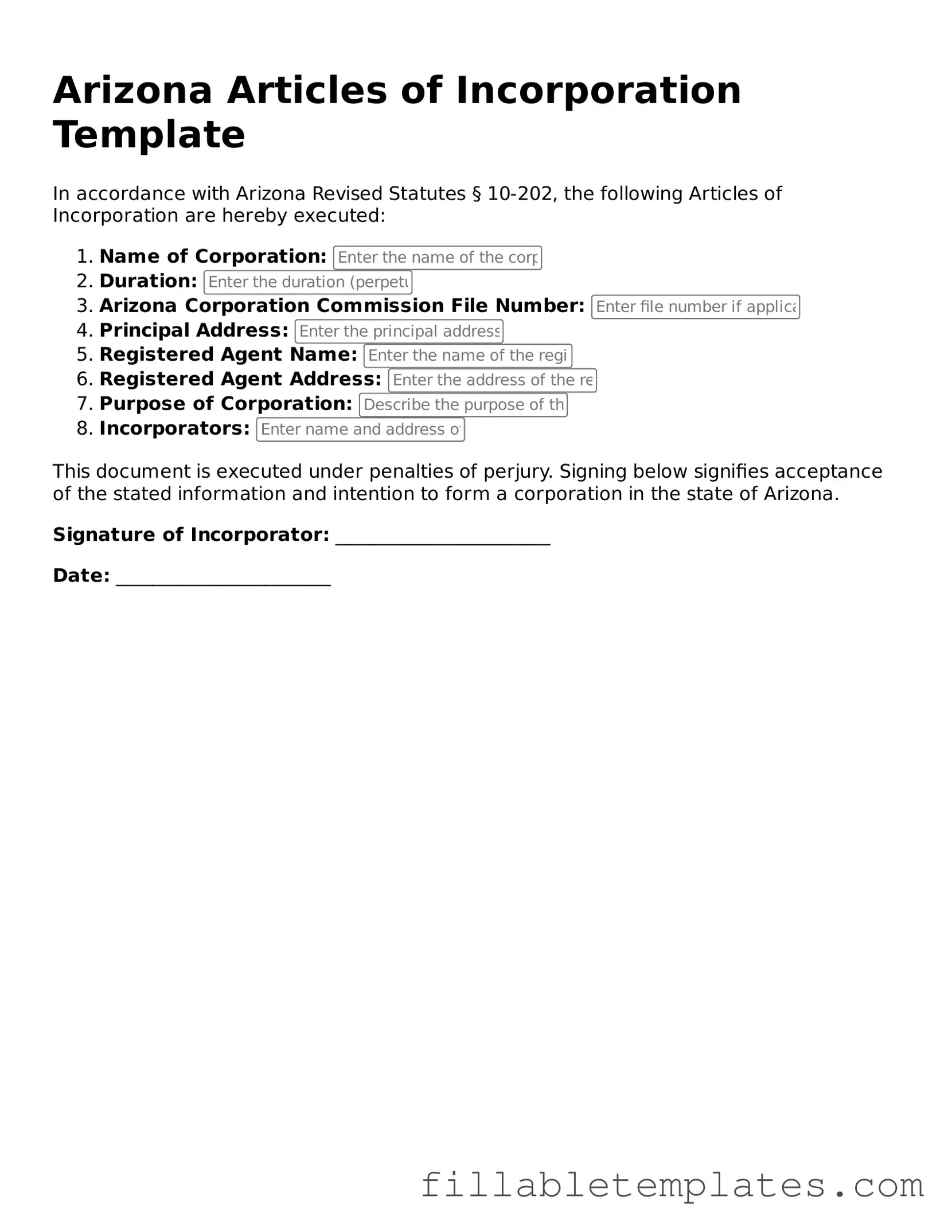 Printable Articles of Incorporation Form for the State of Arizona