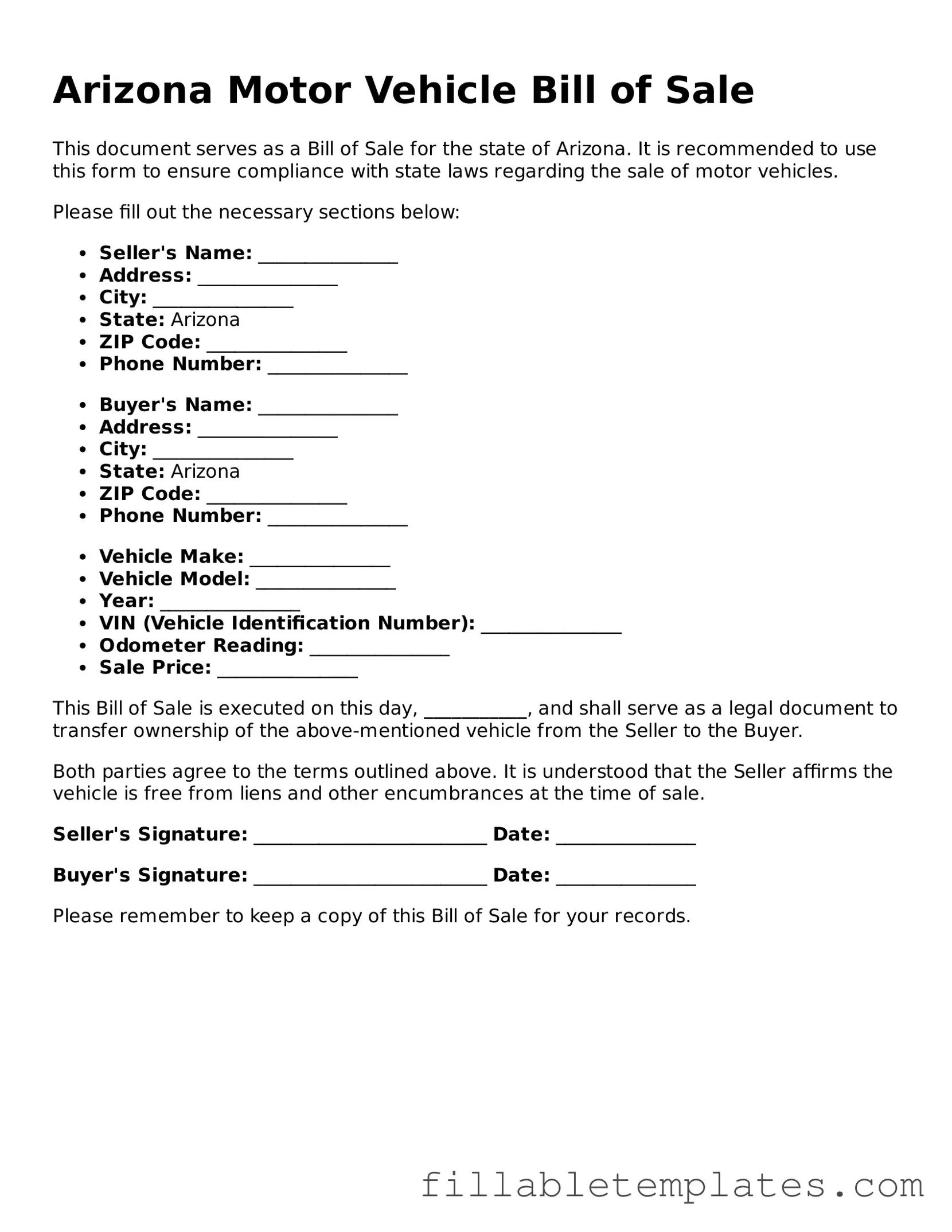 Printable Motor Vehicle Bill of Sale Form for the State of Arizona
