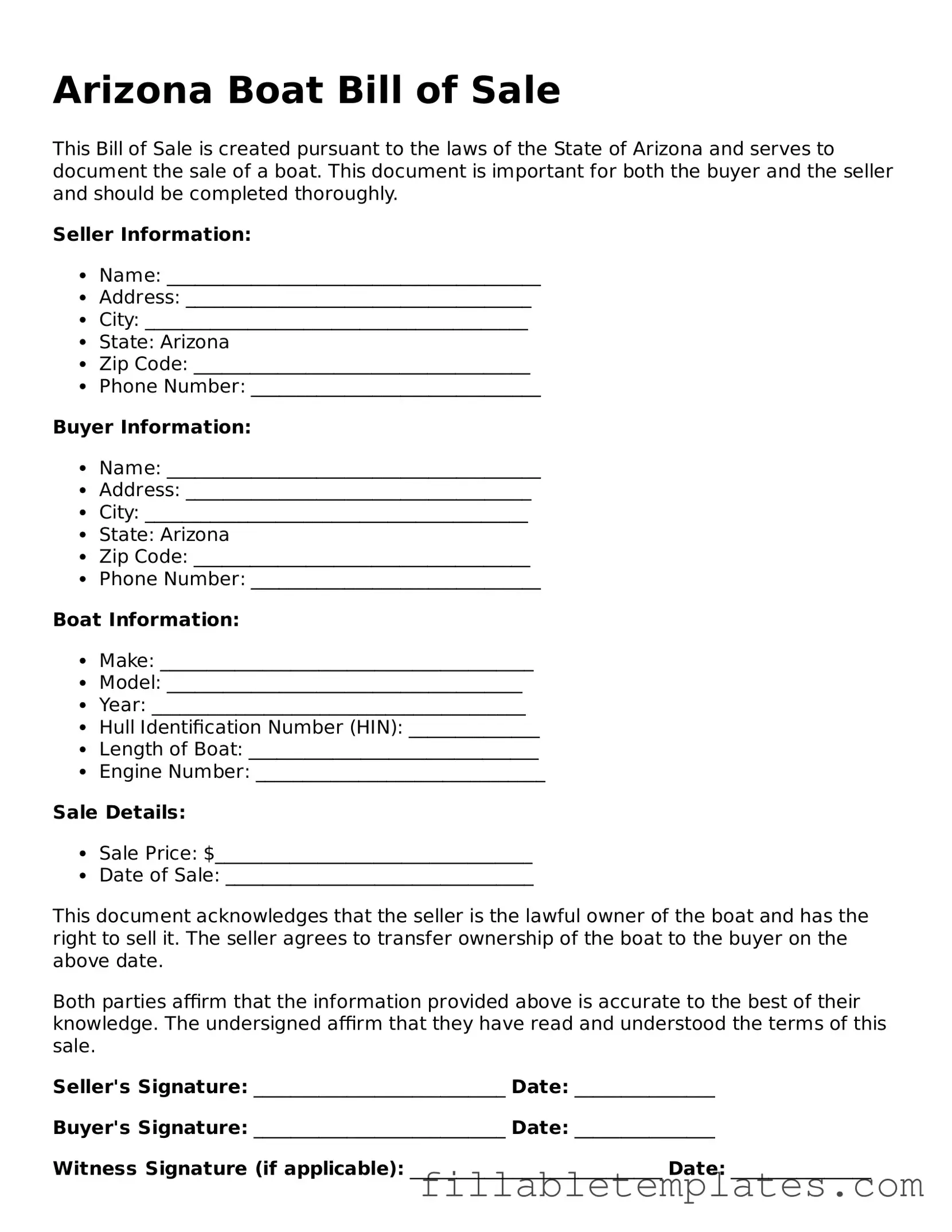 Printable Boat Bill of Sale Form for the State of Arizona