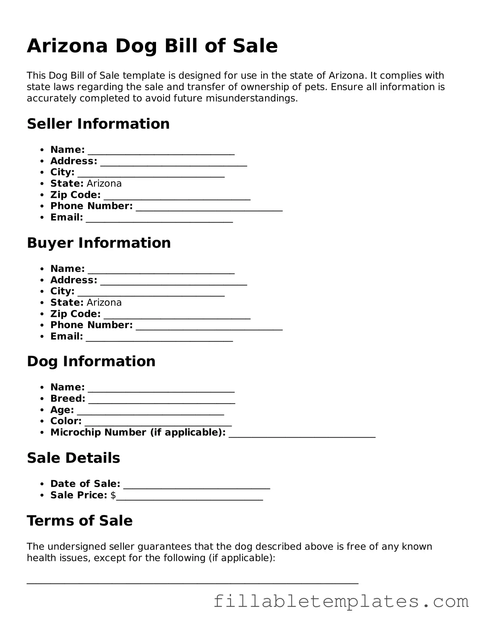 Printable Dog Bill of Sale Form for the State of Arizona