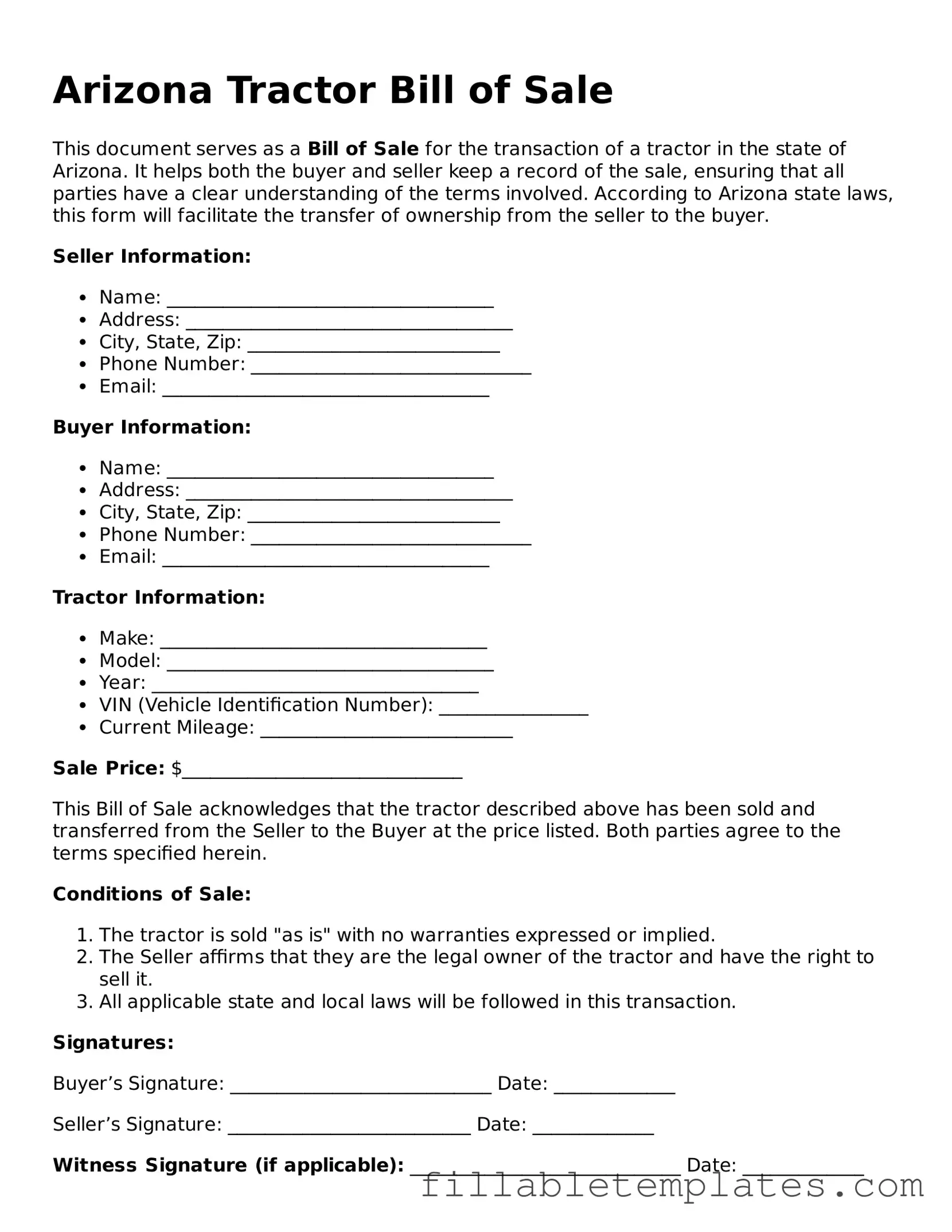 Printable Tractor Bill of Sale Form for the State of Arizona