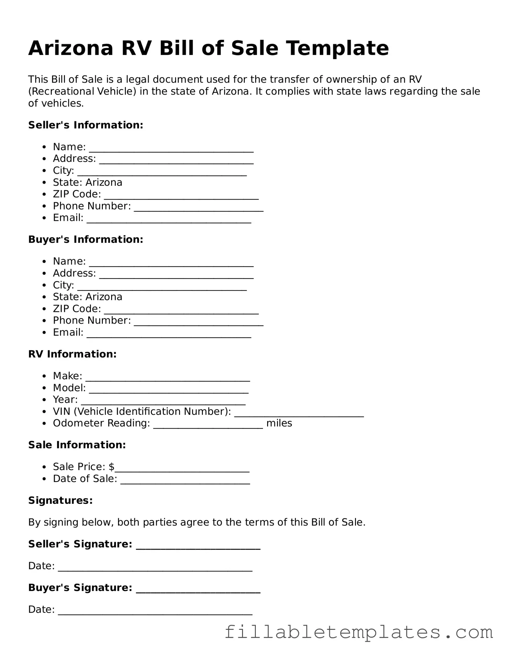 Printable RV Bill of Sale Form for the State of Arizona