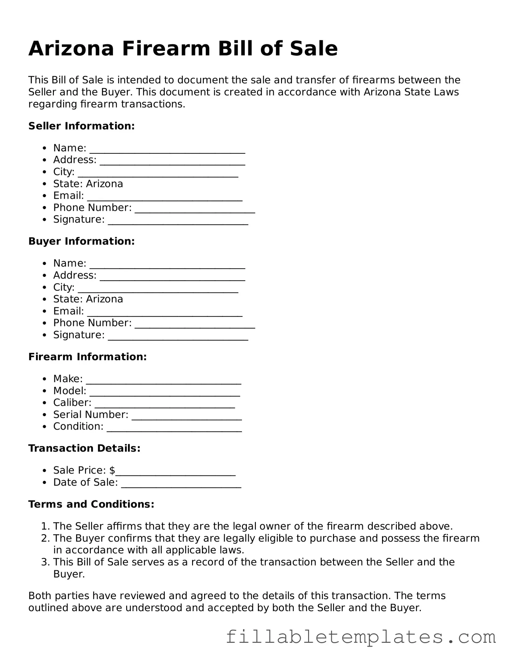 Printable Firearm Bill of Sale Form for the State of Arizona