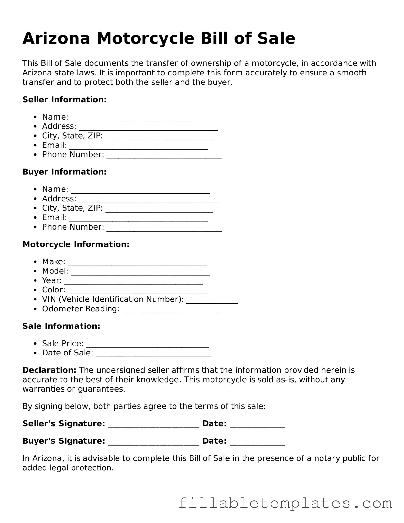 Printable Motorcycle Bill of Sale Form for the State of Arizona