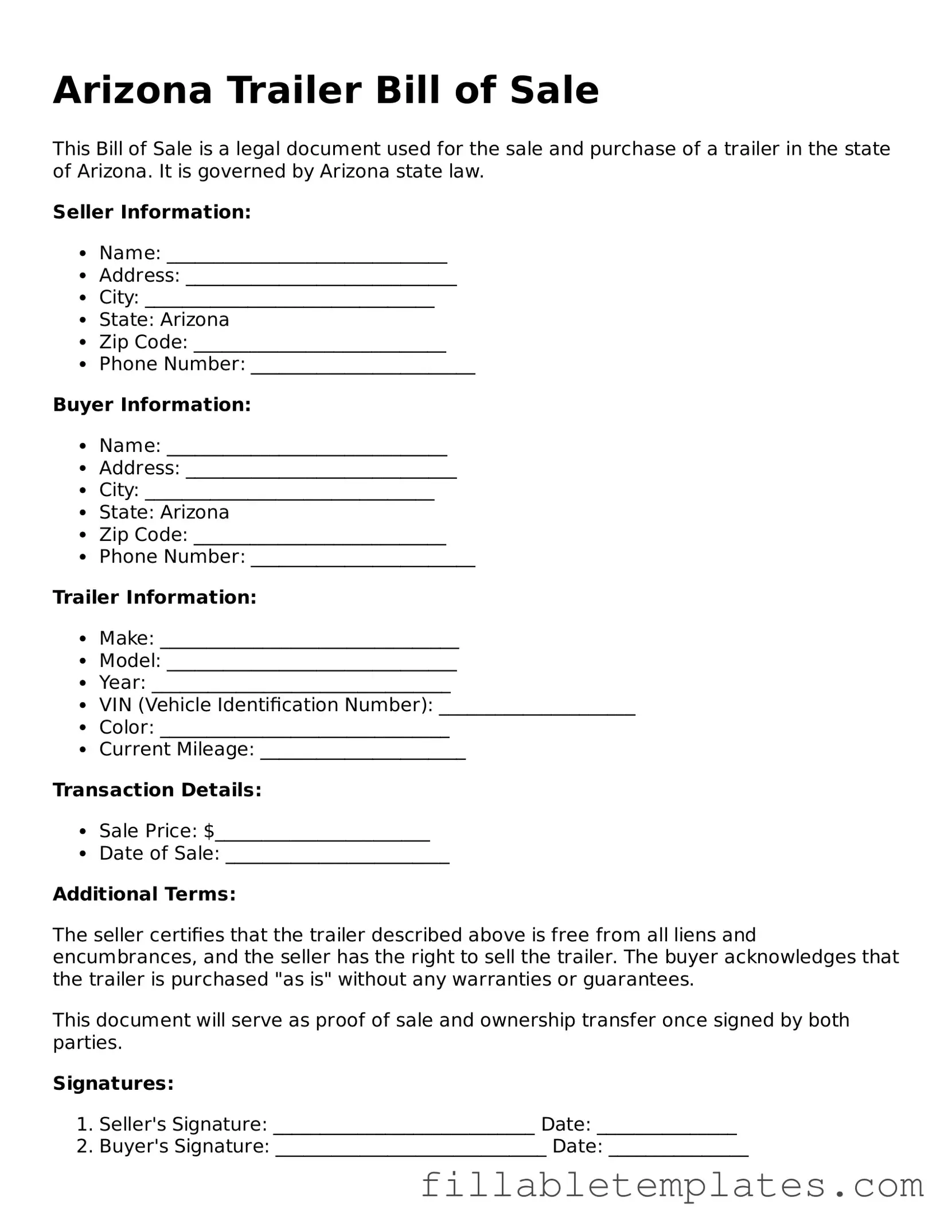 Printable Trailer Bill of Sale Form for the State of Arizona