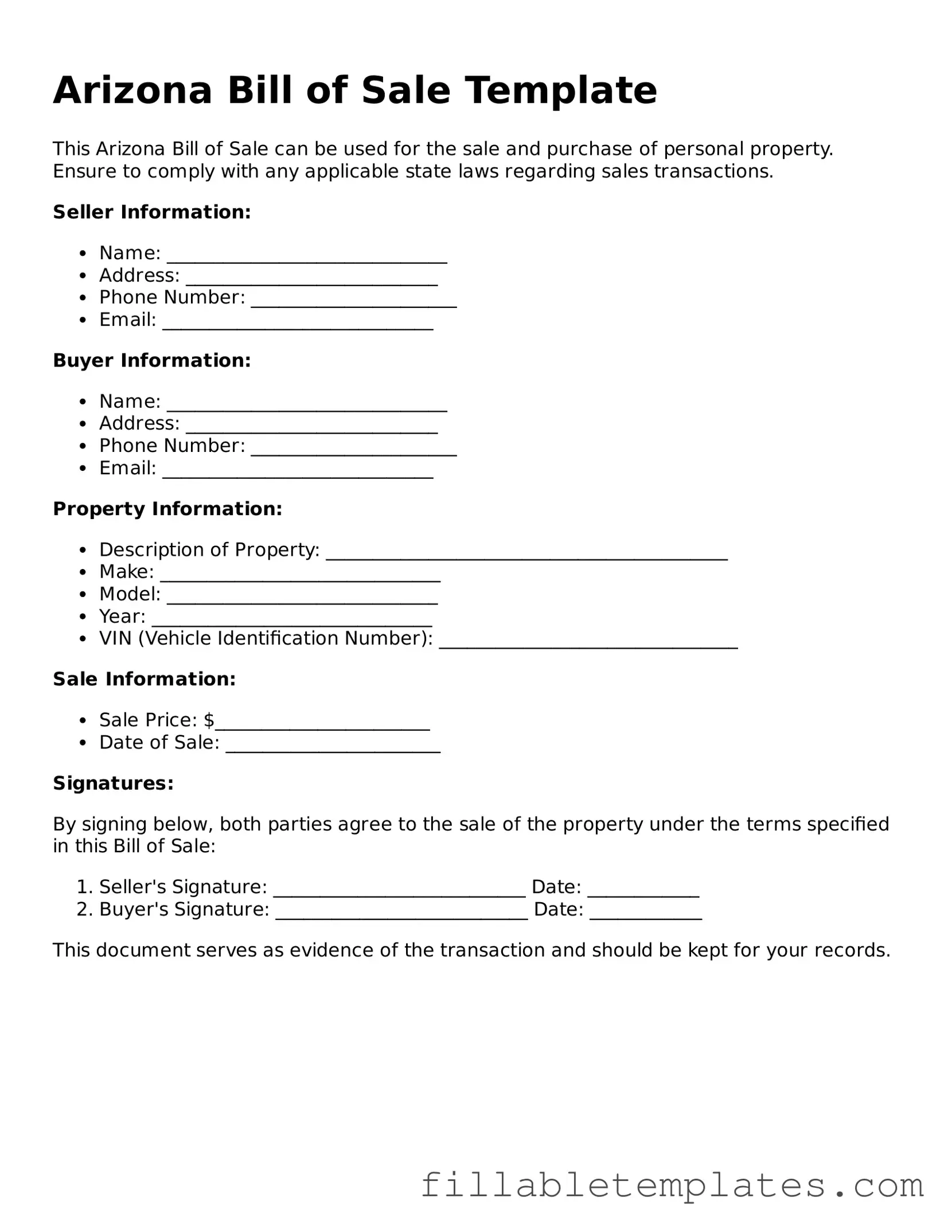 Printable Bill of Sale Form for the State of Arizona