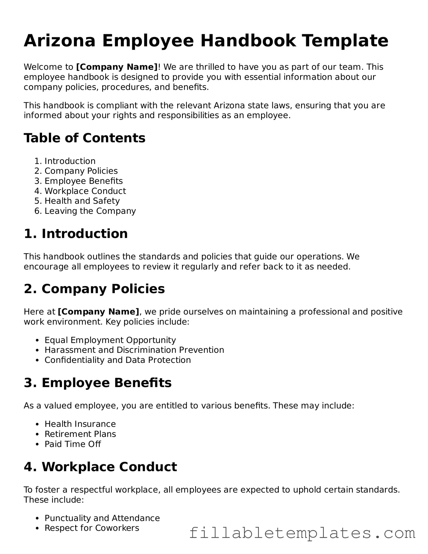 Printable Employee Handbook Form for the State of Arizona