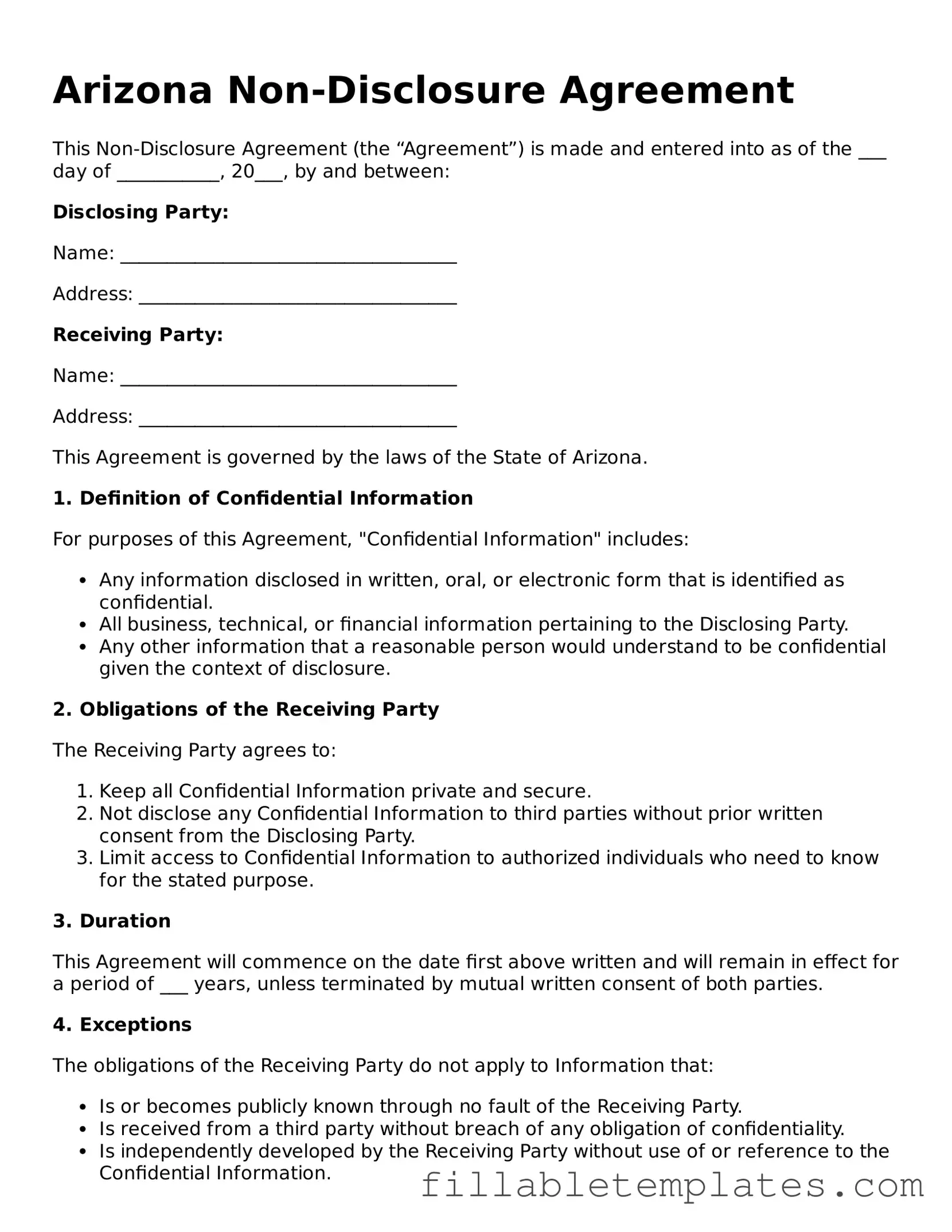 Printable Non-disclosure Agreement Form for the State of Arizona
