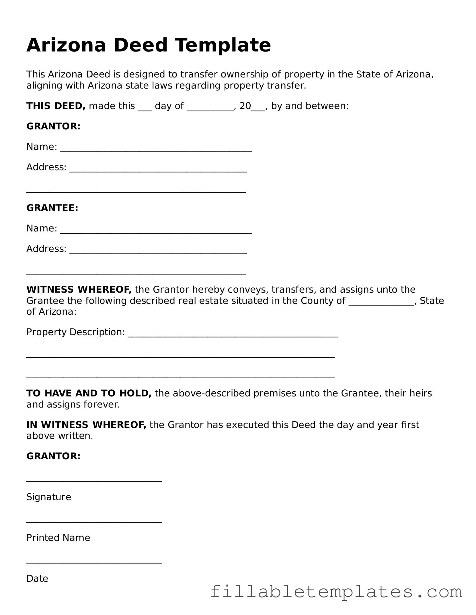 Printable Deed Form for the State of Arizona