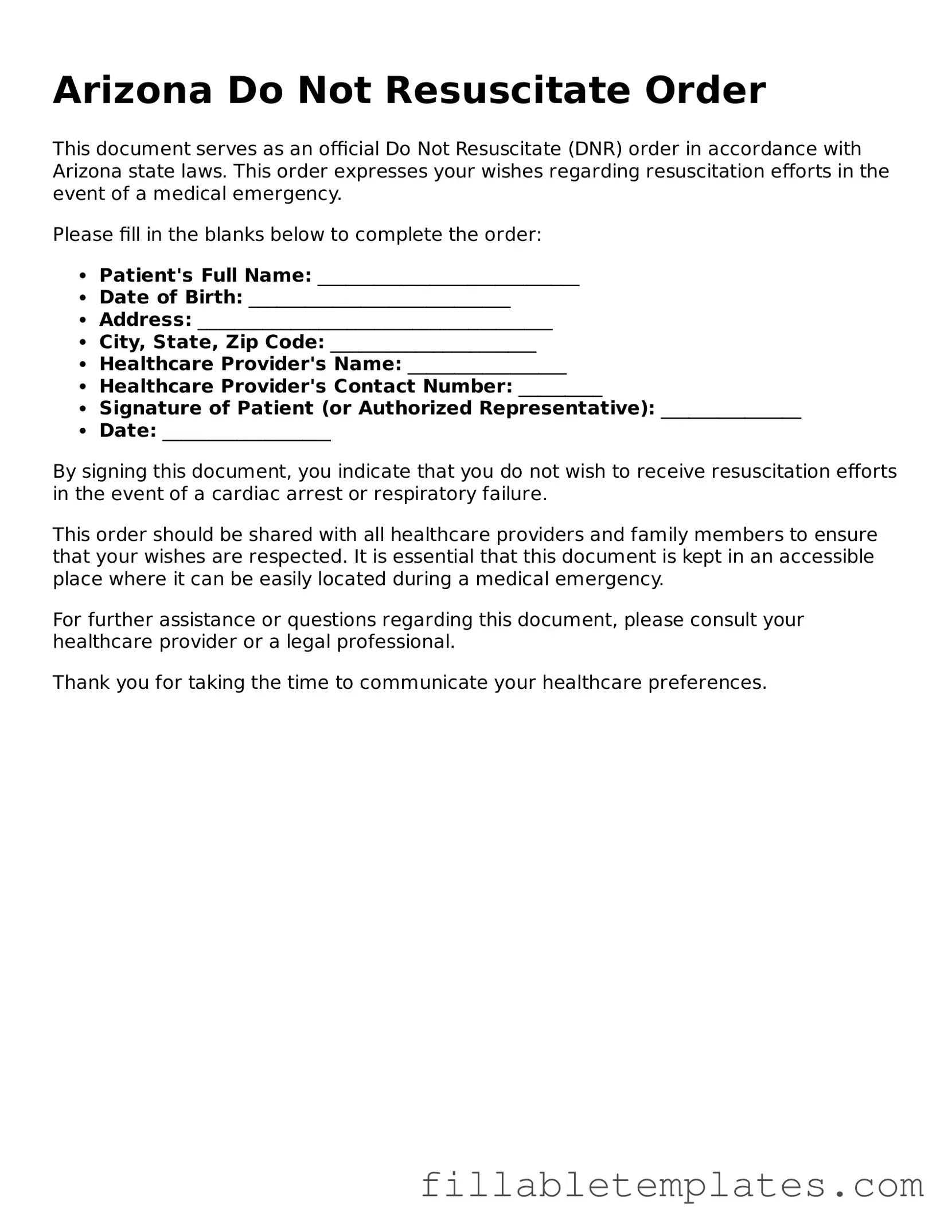 Printable Do Not Resuscitate Order Form for the State of Arizona