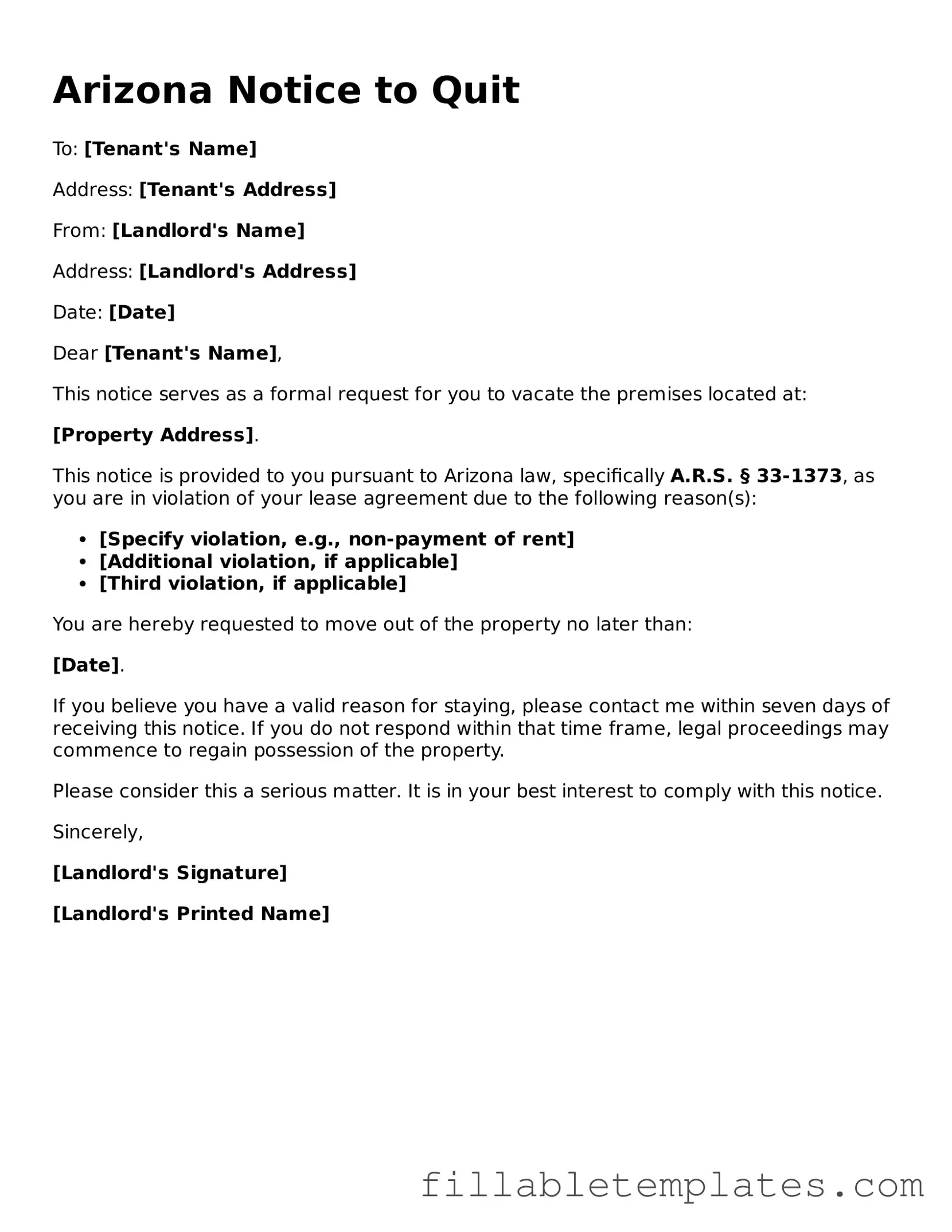 Printable Notice to Quit Form for the State of Arizona