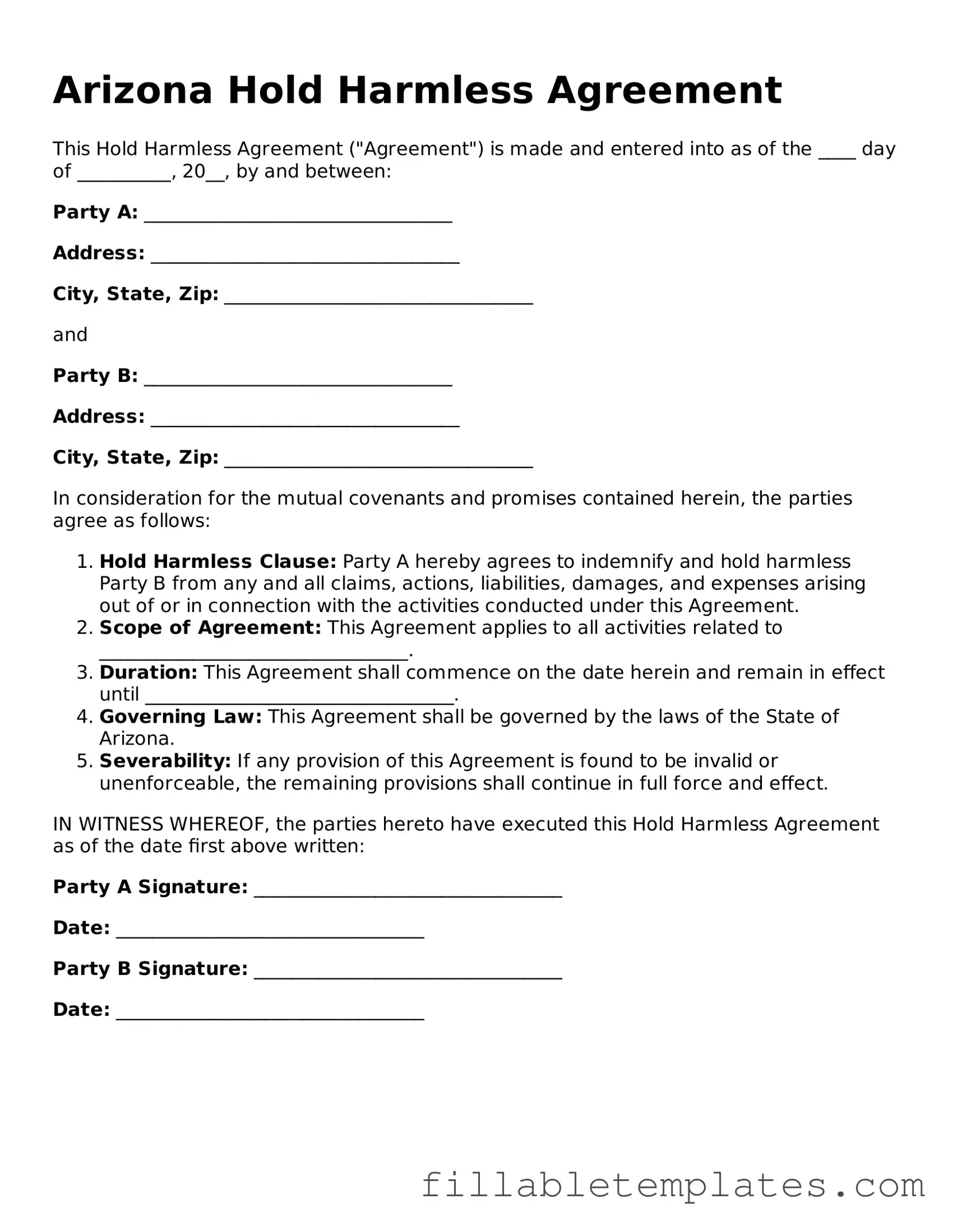 Printable Hold Harmless Agreement Form for the State of Arizona