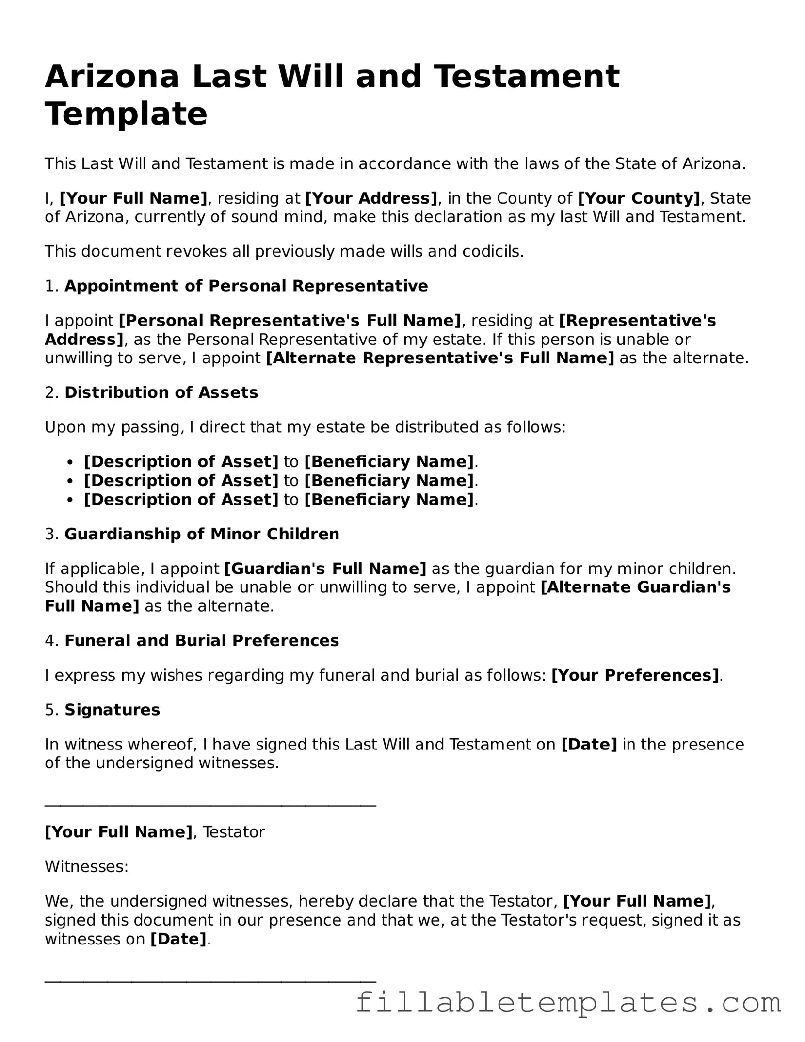 Printable Last Will and Testament Form for the State of Arizona