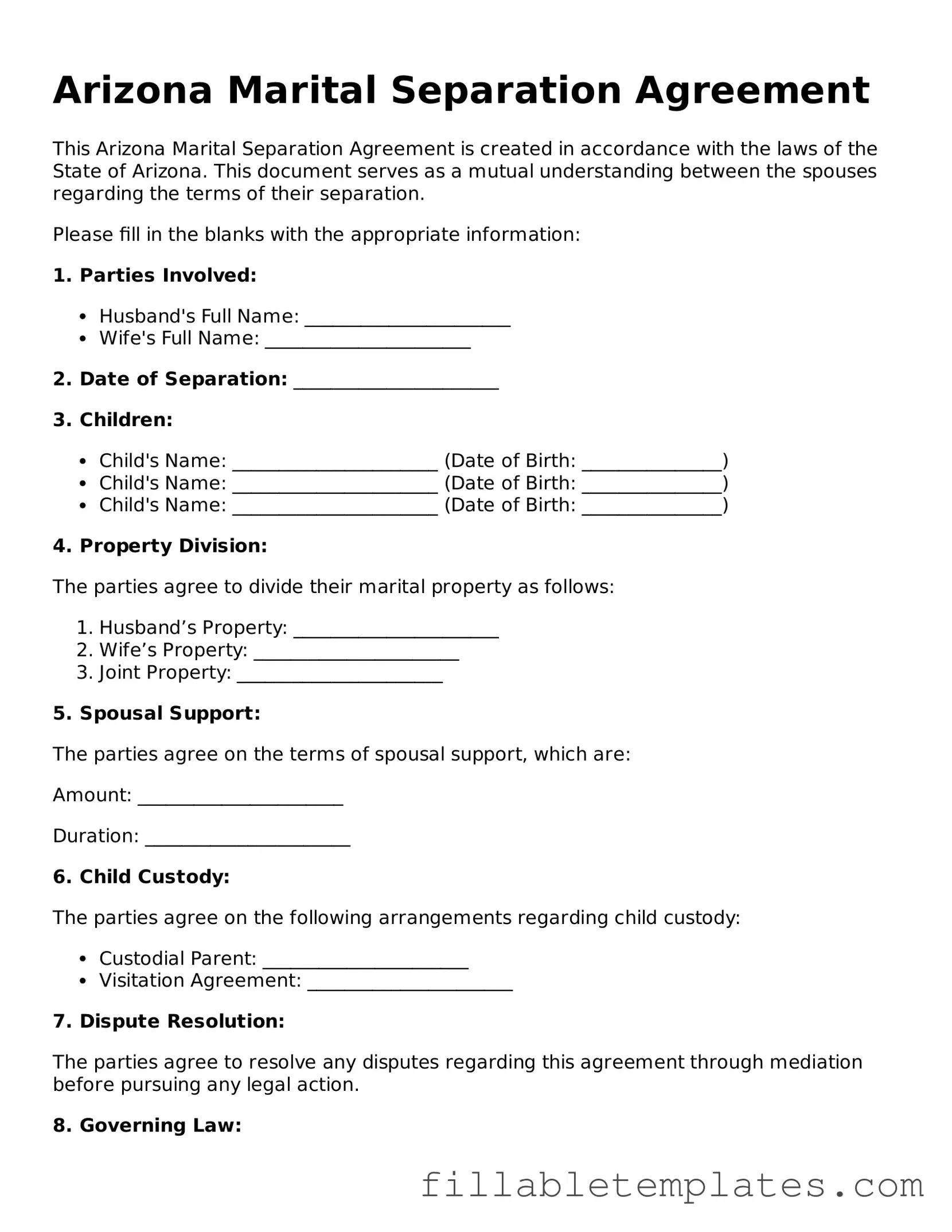 Printable Marital Separation Agreement Form for the State of Arizona