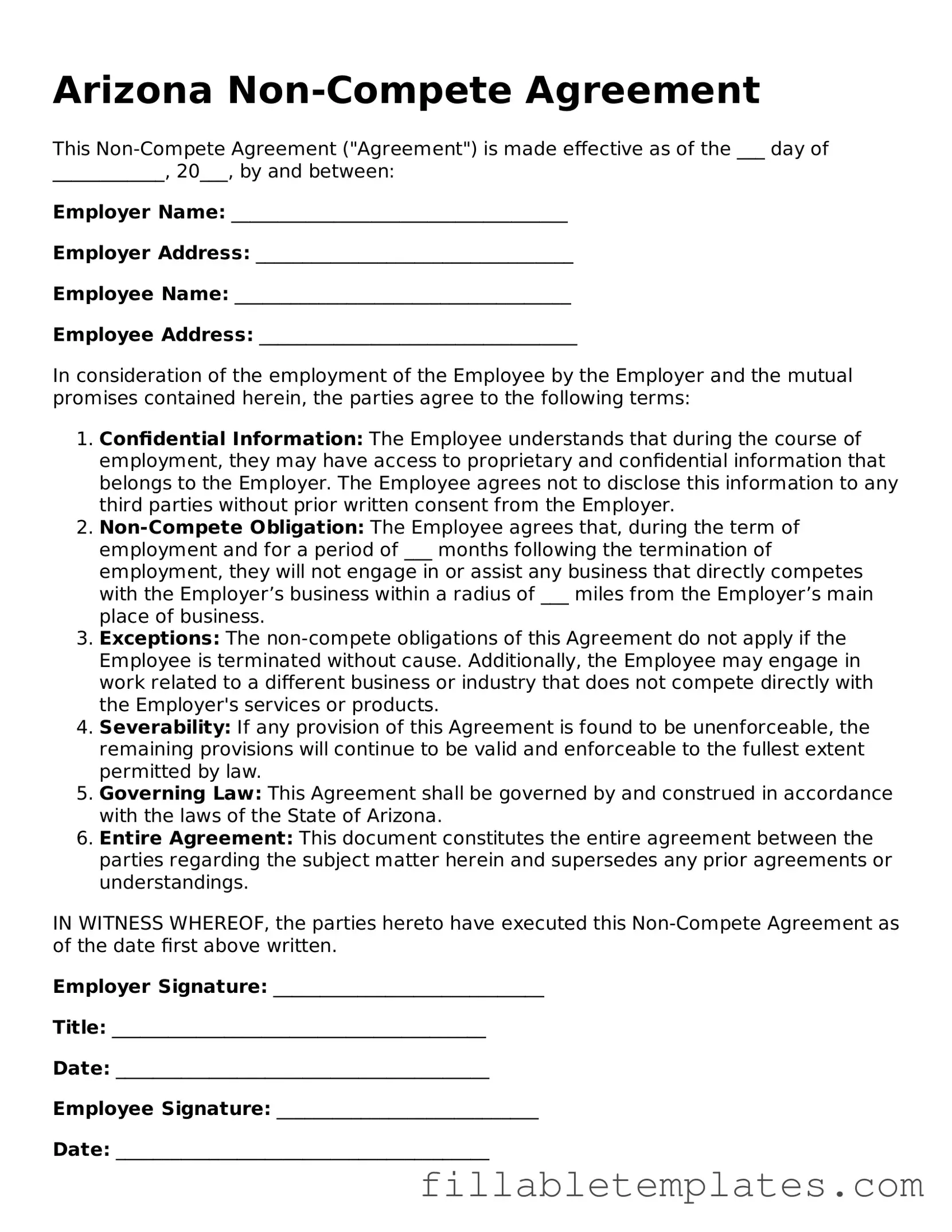 Printable Non-compete Agreement Form for the State of Arizona