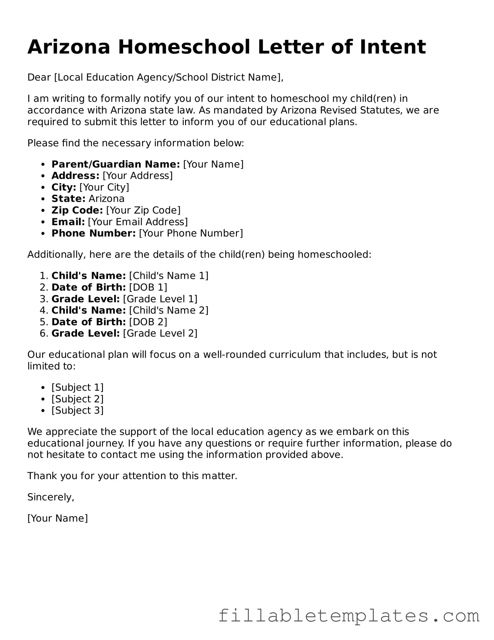 Printable Homeschool Letter of Intent Form for the State of Arizona