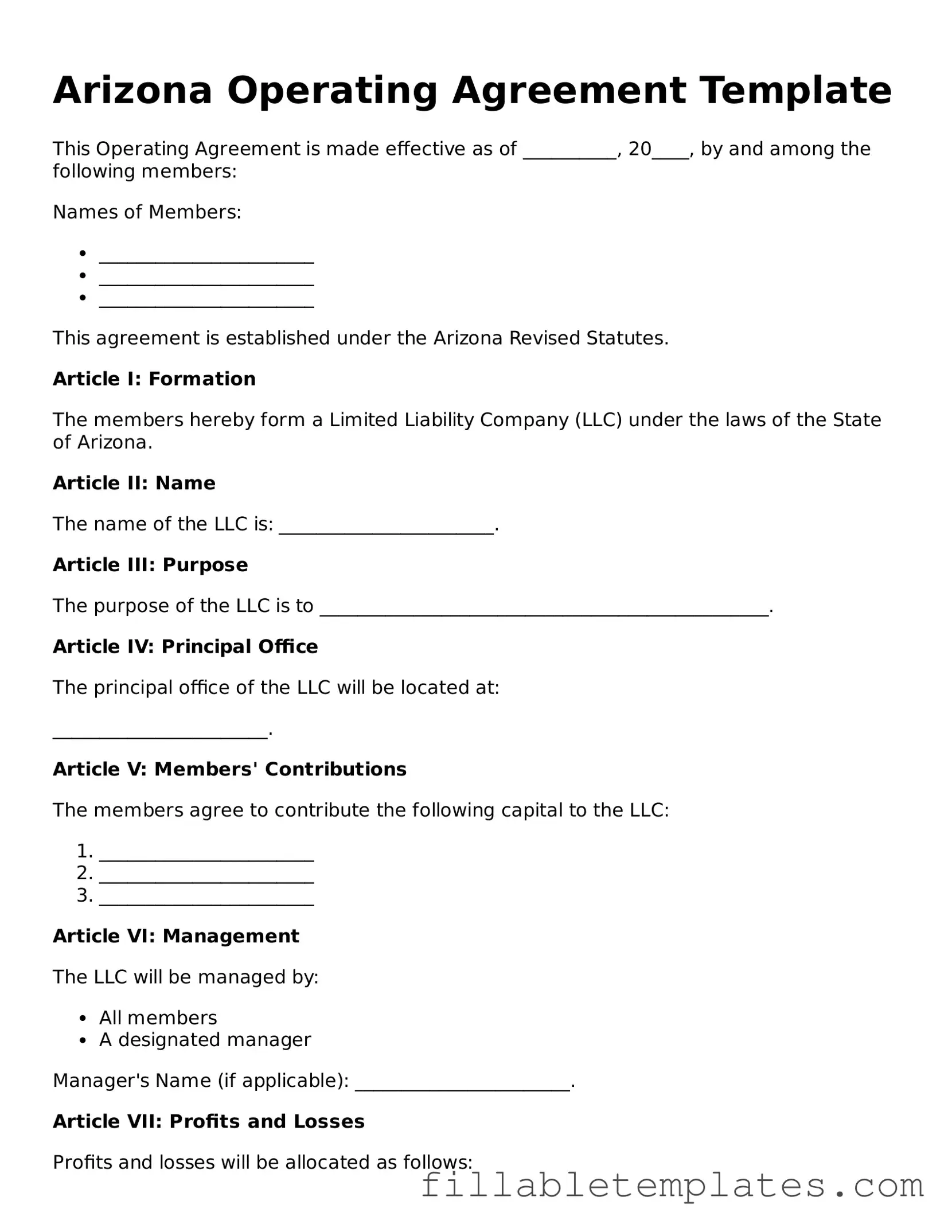 Printable Operating Agreement Form for the State of Arizona