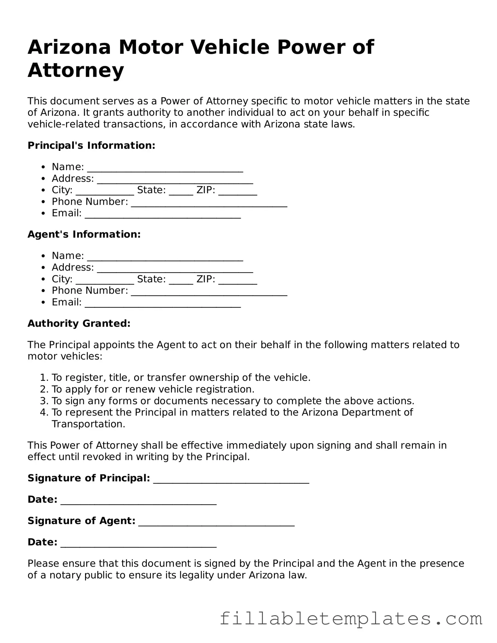 Printable Motor Vehicle Power of Attorney Form for the State of Arizona