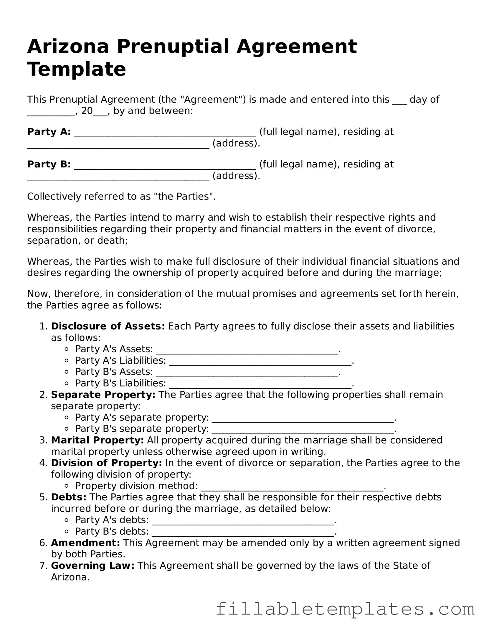 Printable Prenuptial Agreement Form for the State of Arizona