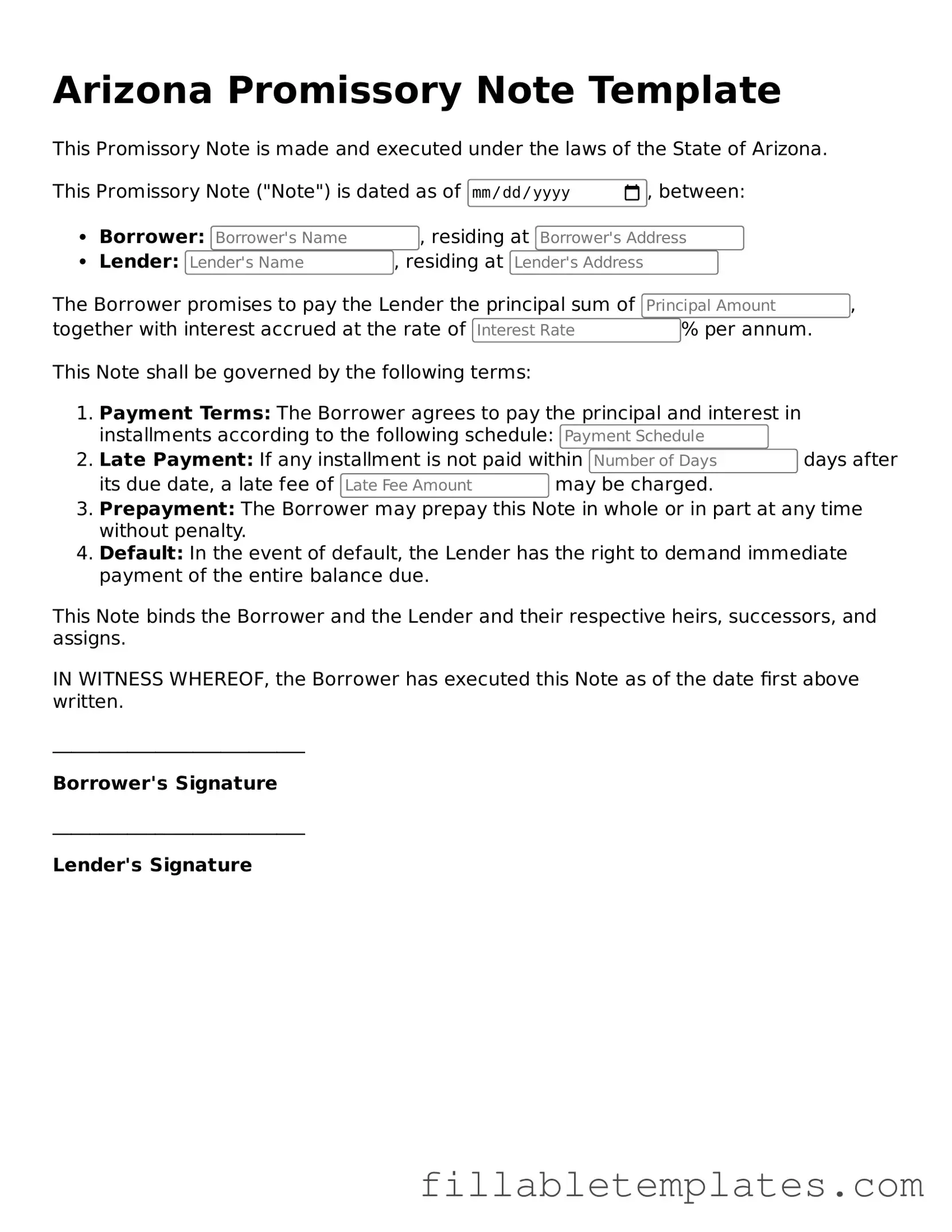 Printable Promissory Note Form for the State of Arizona
