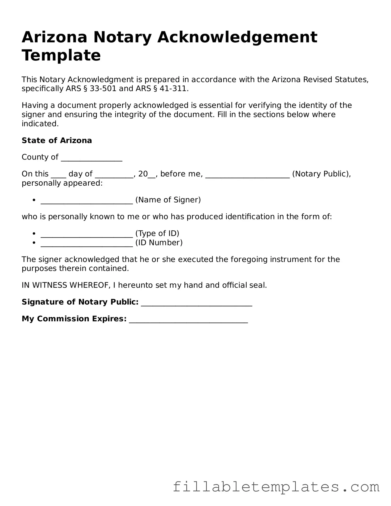 Printable Notary Acknowledgement Form for the State of Arizona