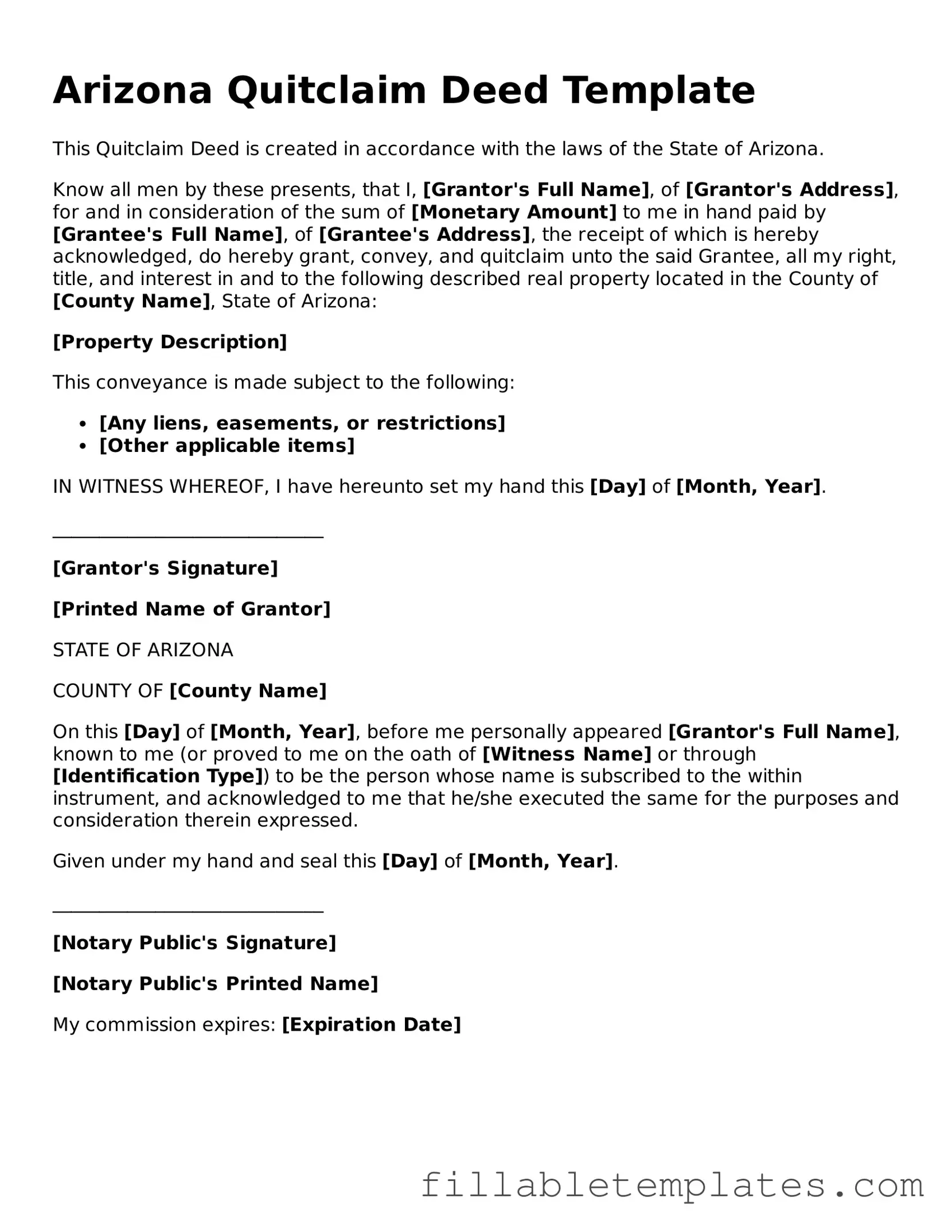 Printable Quitclaim Deed Form for the State of Arizona