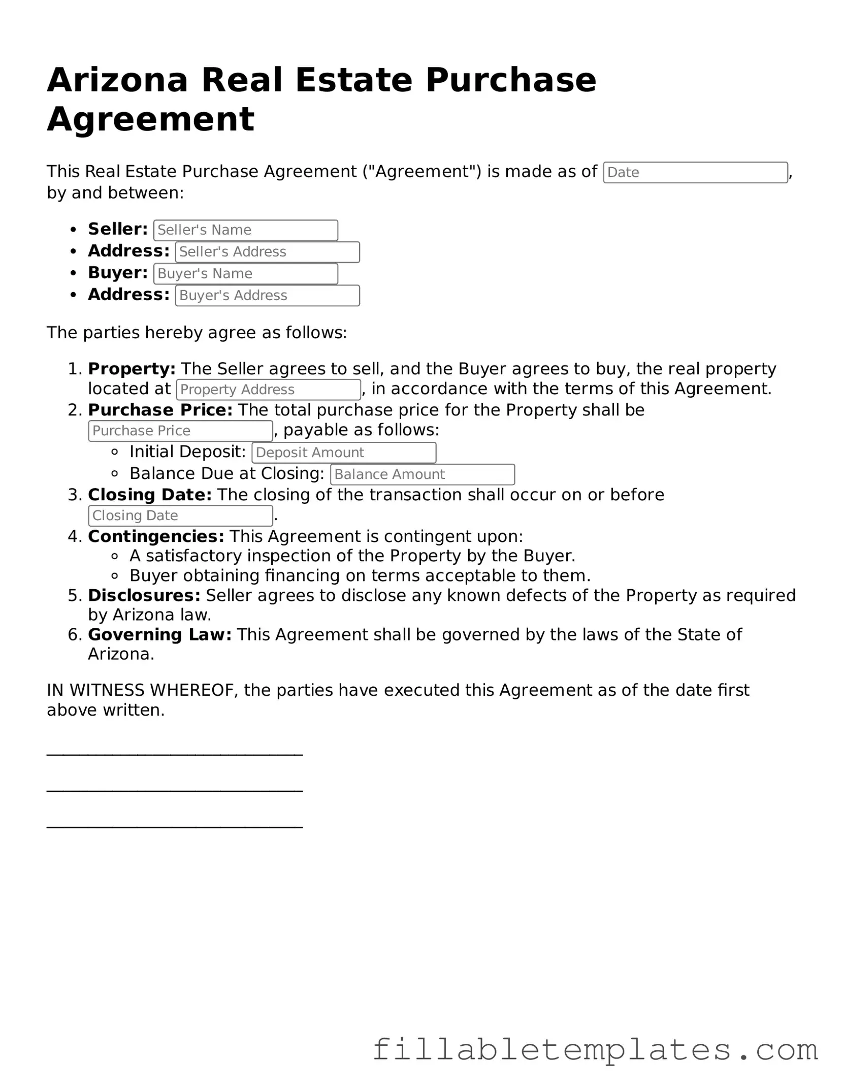 Printable Real Estate Purchase Agreement Form for the State of Arizona