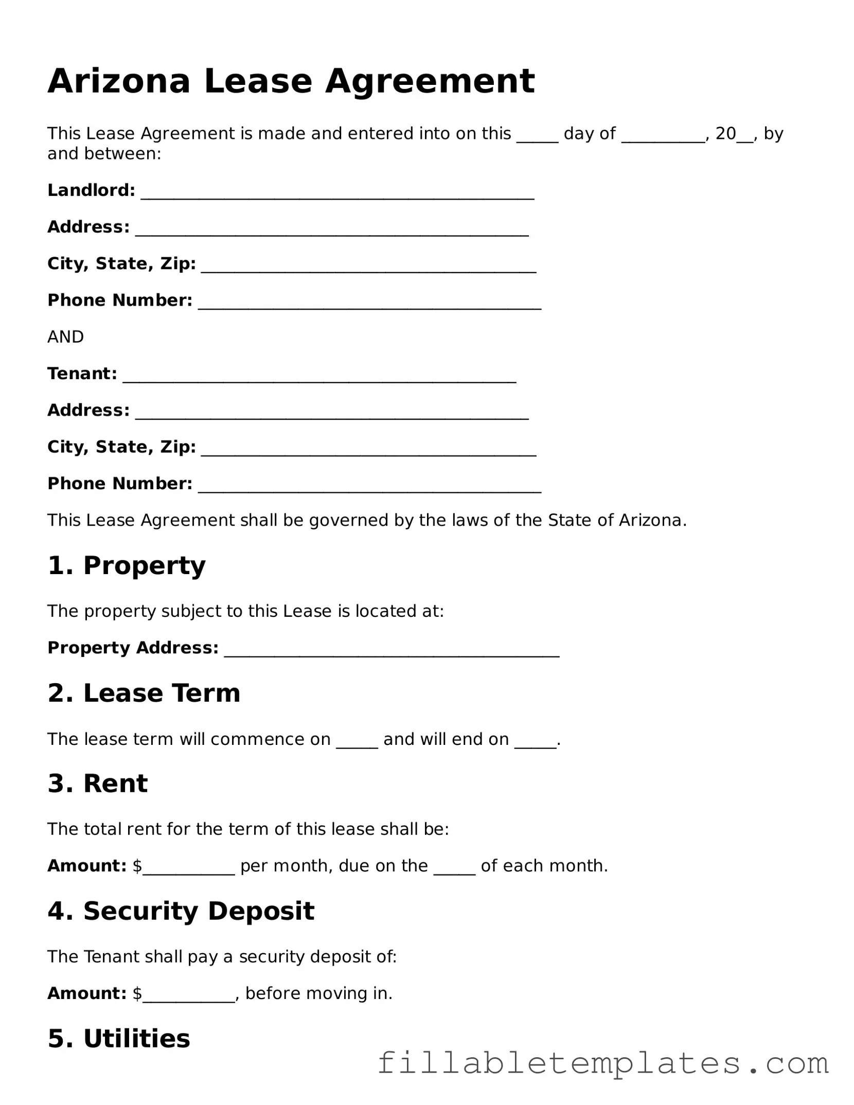 Printable Lease Agreement Form for the State of Arizona