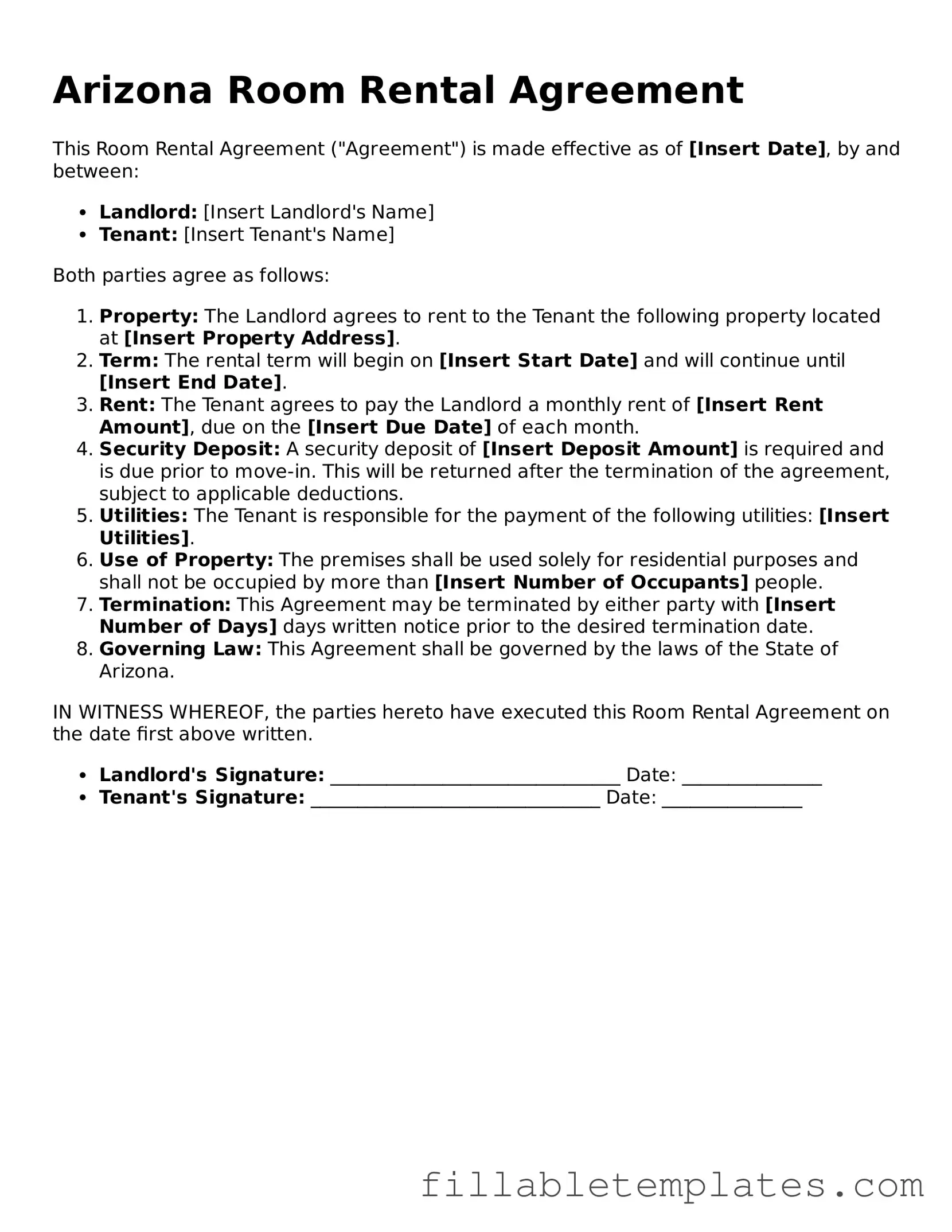 Printable Room Rental Agreement Form for the State of Arizona
