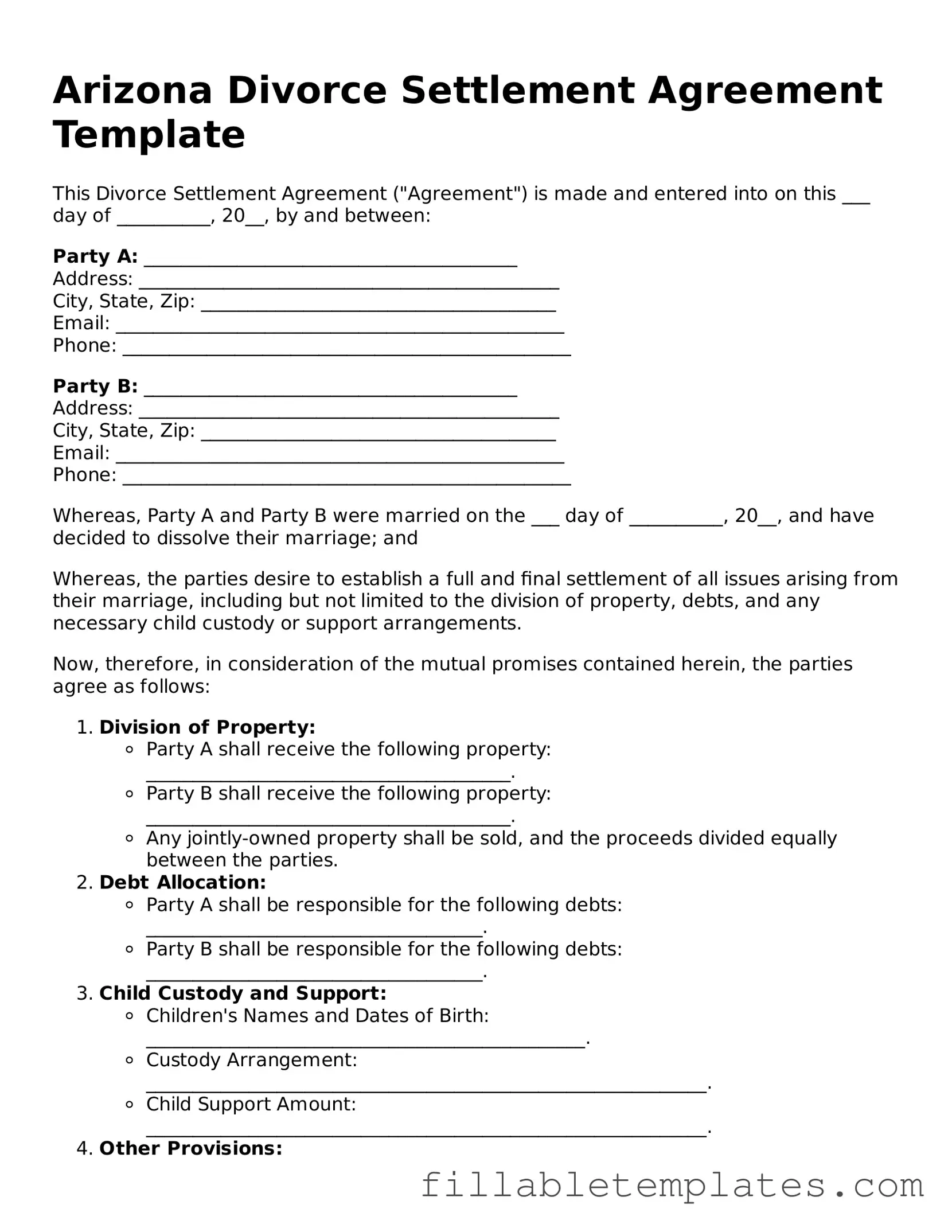 Printable Divorce Settlement Agreement Form for the State of Arizona