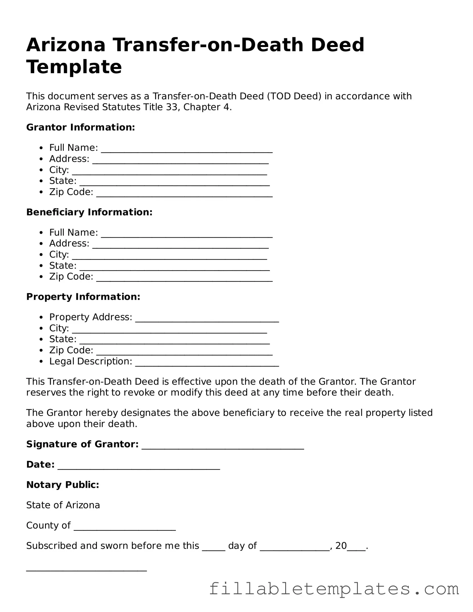 Printable Transfer-on-Death Deed Form for the State of Arizona