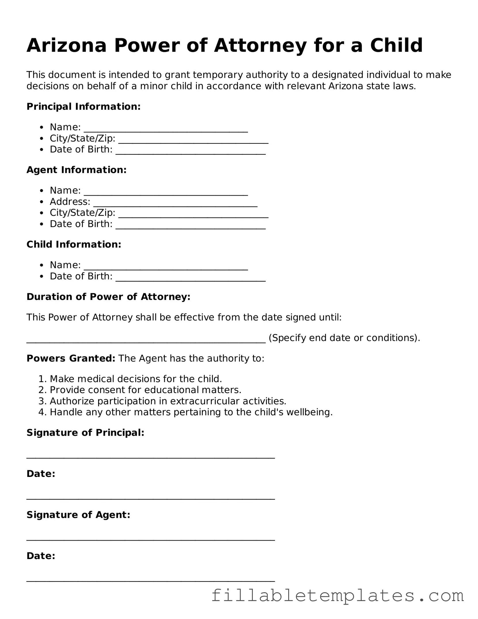 Printable Power of Attorney for a Child Form for the State of Arizona