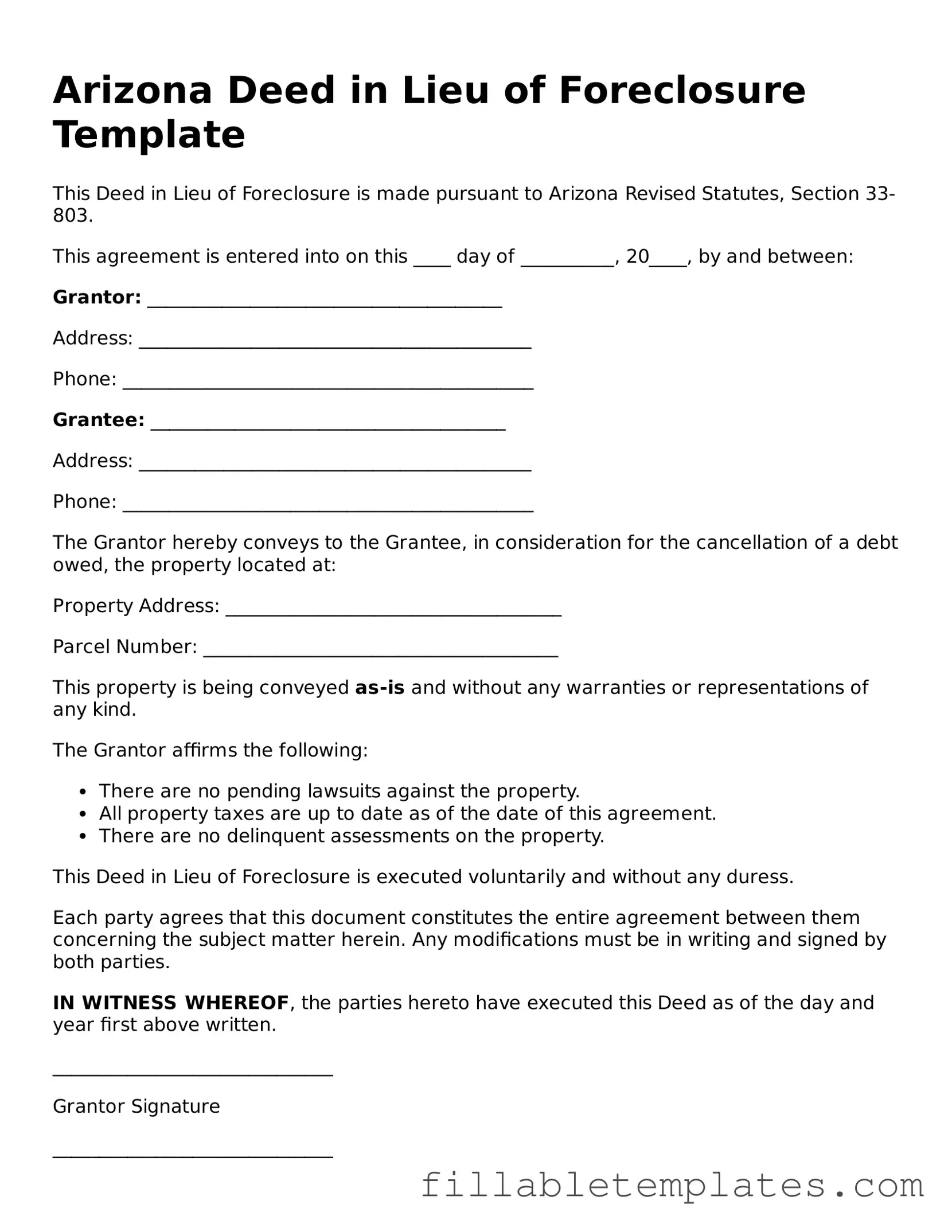 Printable Deed in Lieu of Foreclosure Form for the State of Arizona