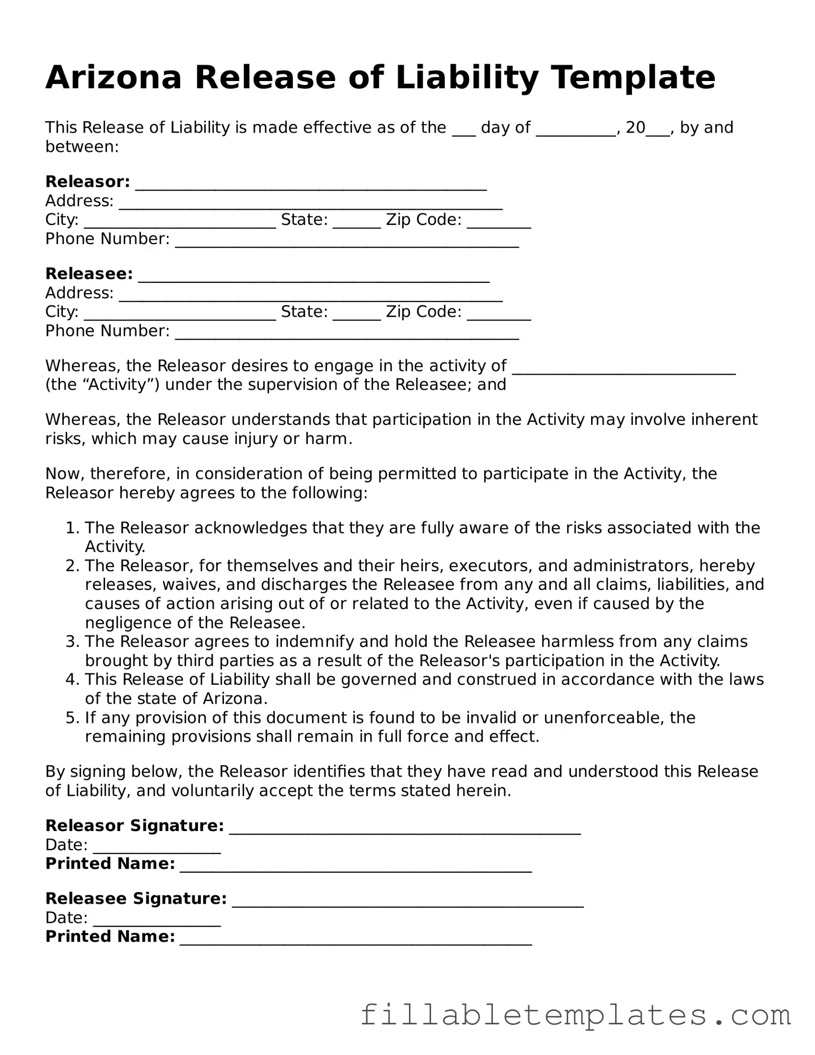 Printable Release of Liability Form for the State of Arizona