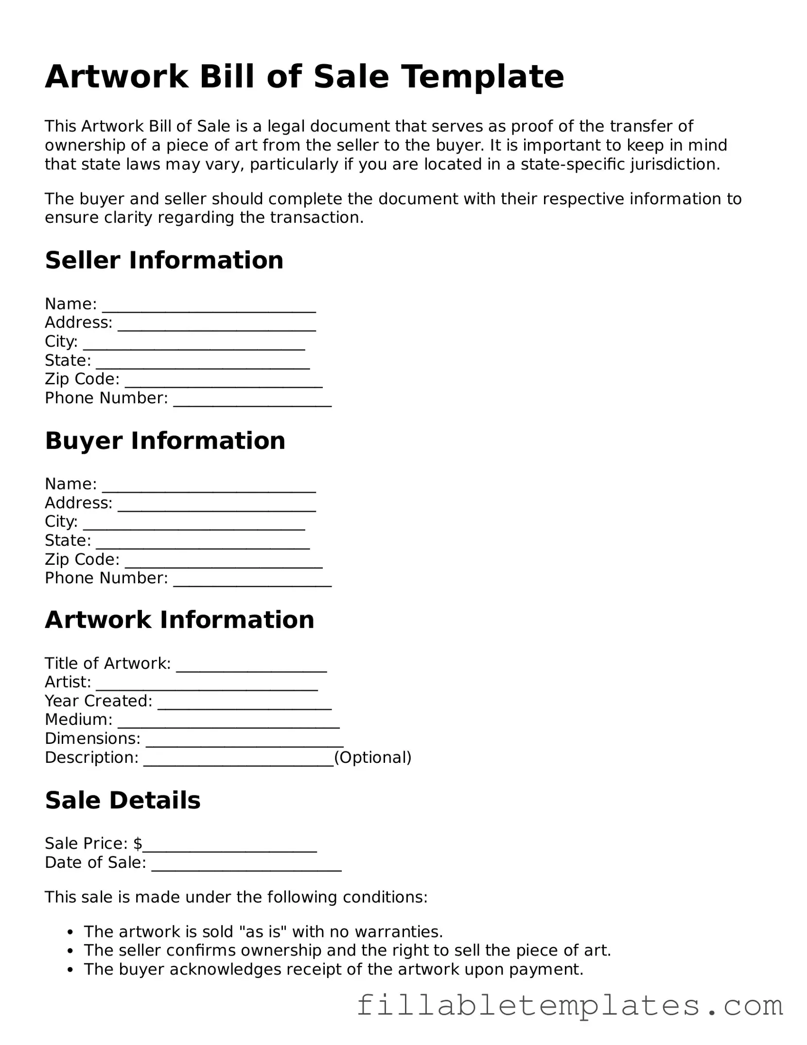 Printable Artwork Bill of Sale Form