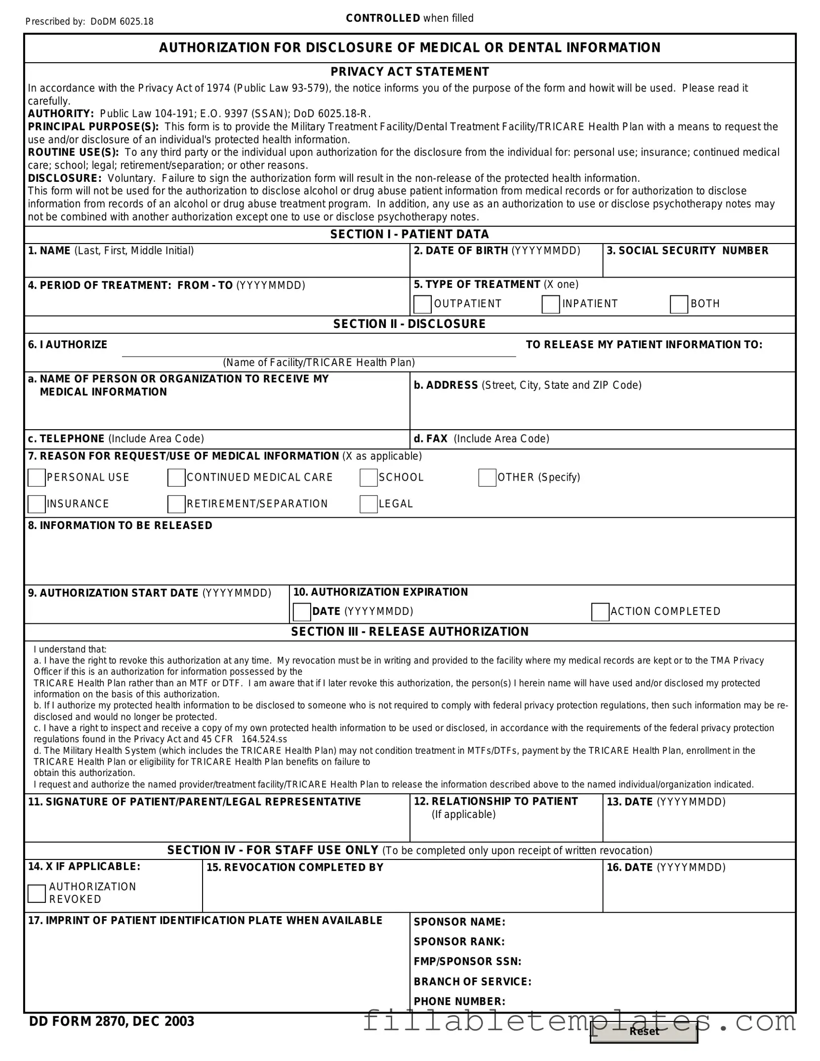 Official DD 2870 Template in PDF