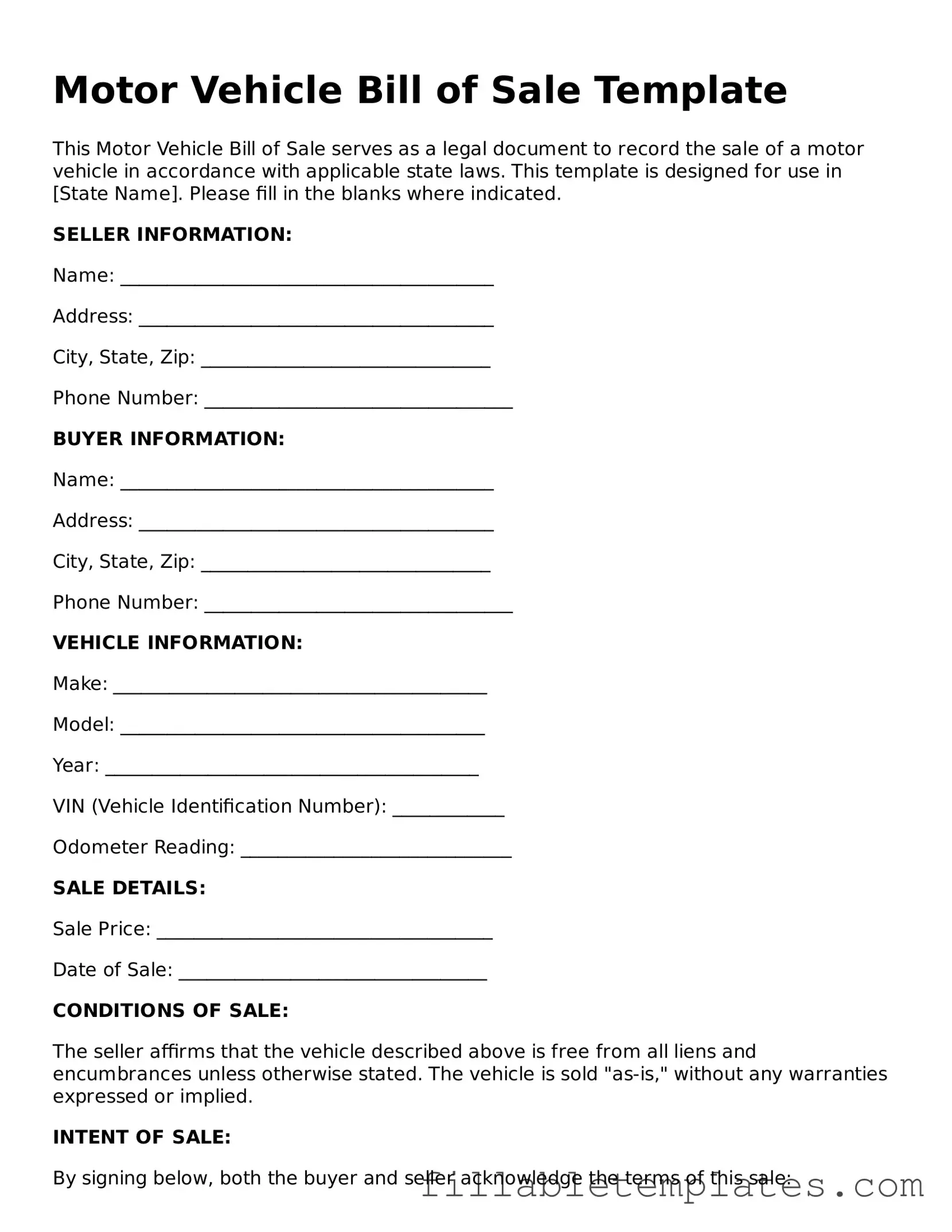 Printable Motor Vehicle Bill of Sale Form