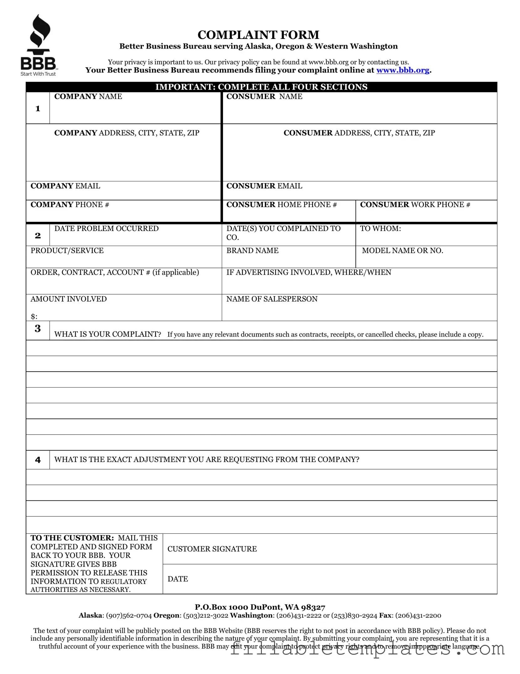 Official Bbb Complaint Template in PDF