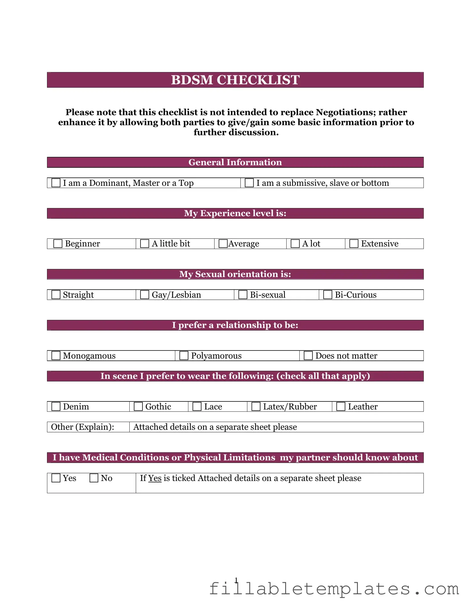 Official Bdsm Checklist Template in PDF