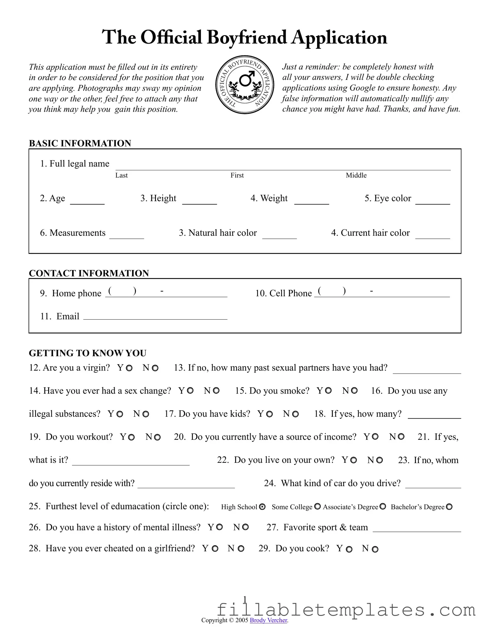 Official Boyfriend application form Template in PDF