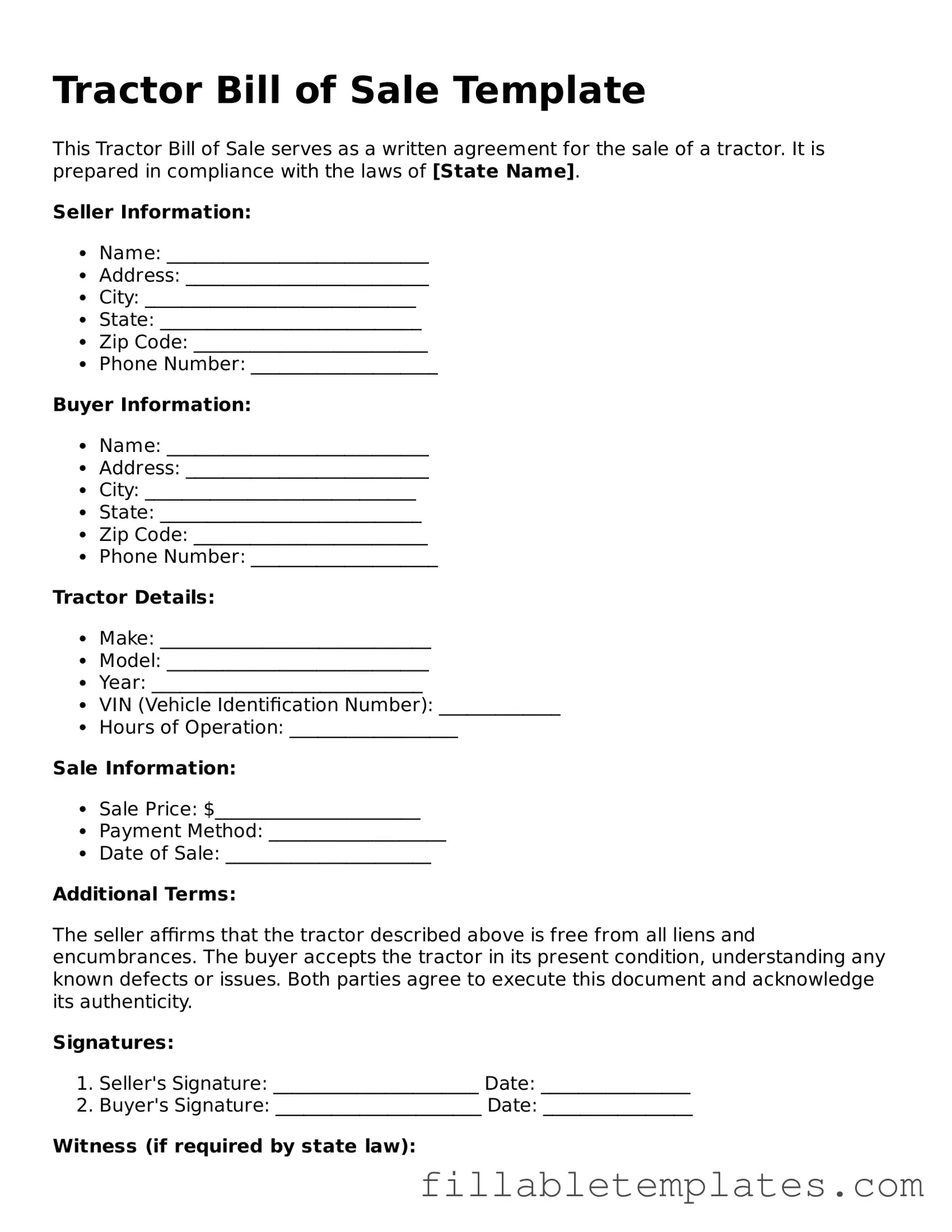 Printable Tractor Bill of Sale Form