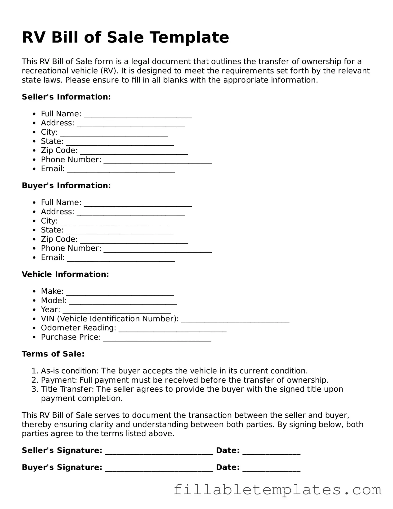 Printable RV Bill of Sale Form