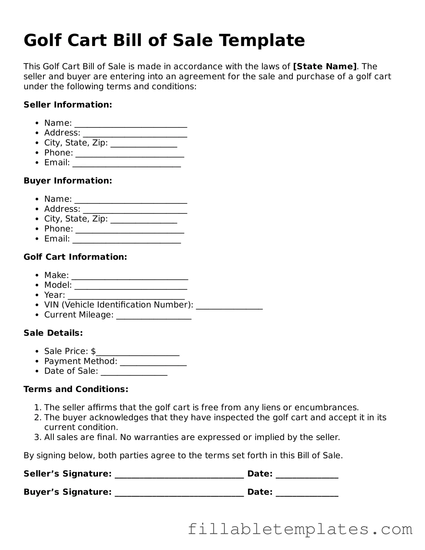 Printable Golf Cart Bill of Sale Form